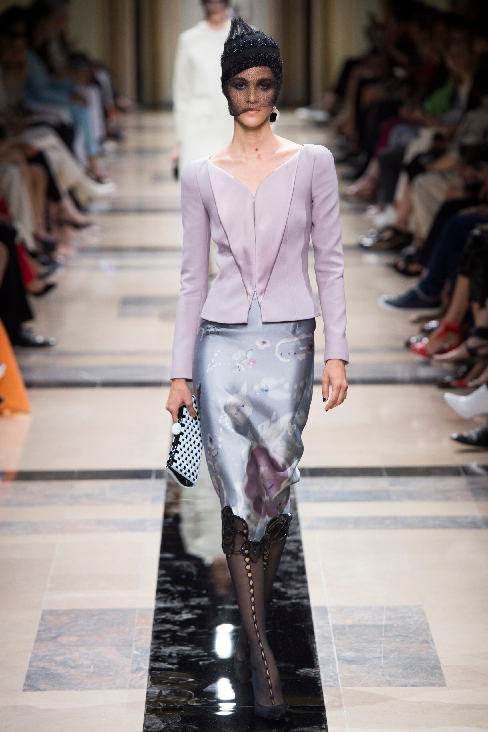 fitted purple blazer and gray pencil skirt