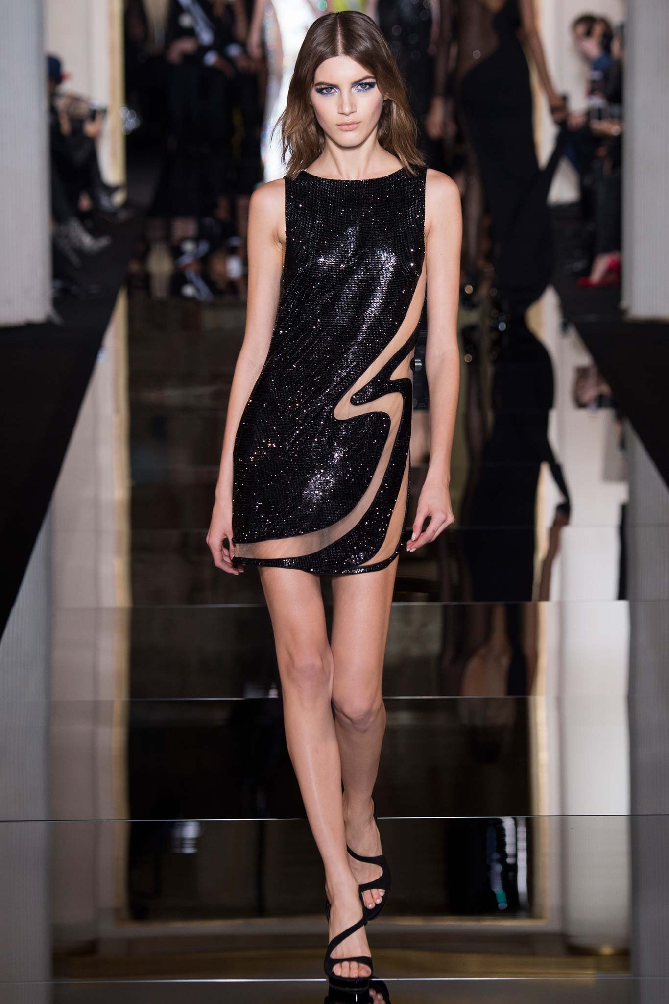 black sequined sleeveless mini dress