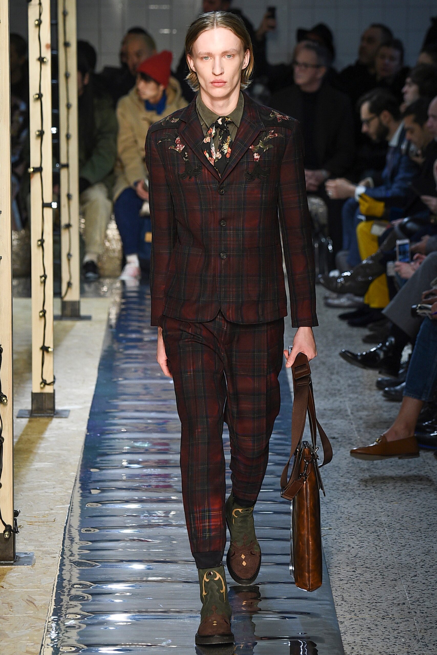 red and black checked suit