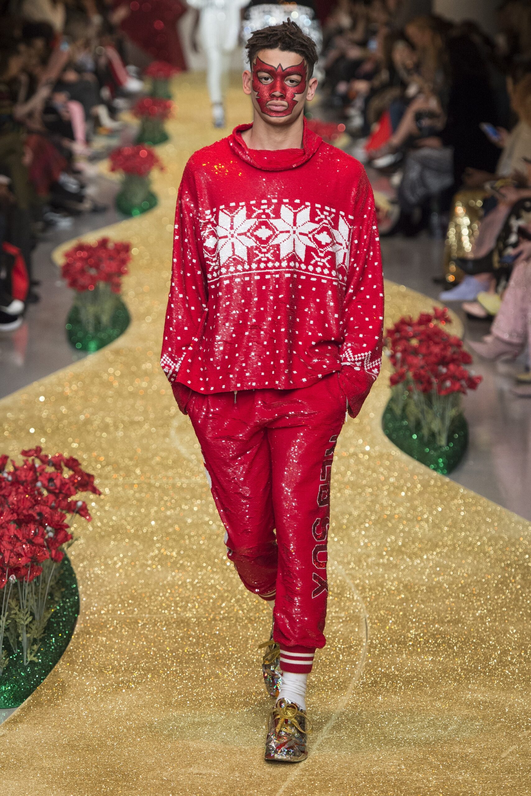 red knit long-sleeve collared relaxed embellished shiny sweater