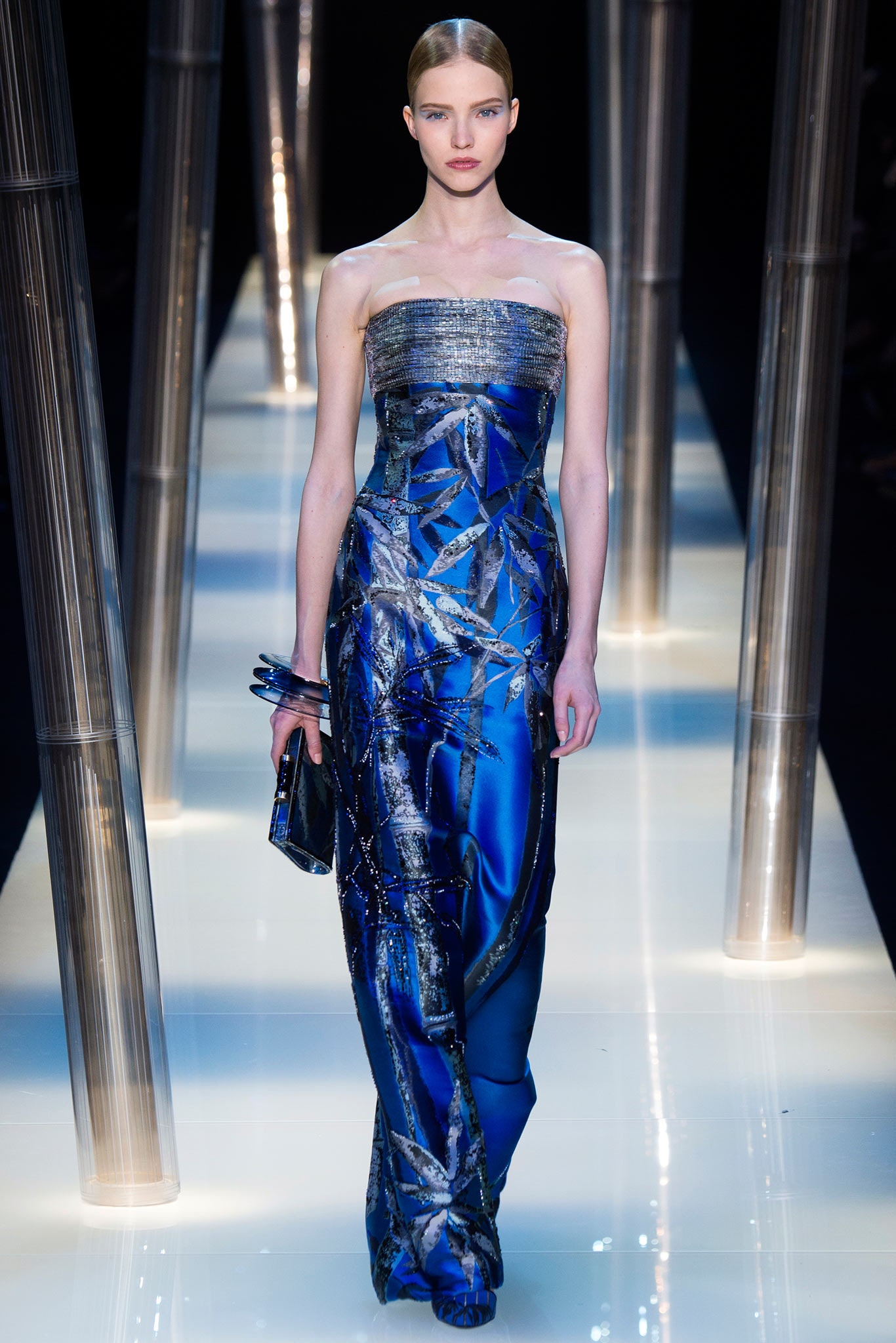 blue silk strapless gown