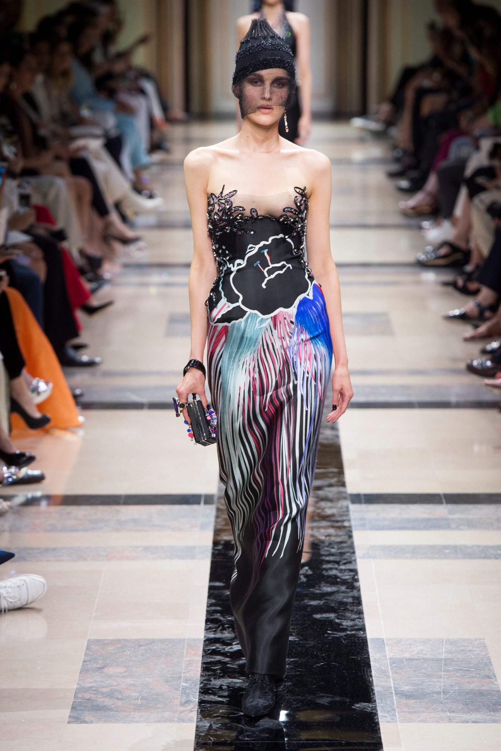 fitted strapless printed gown