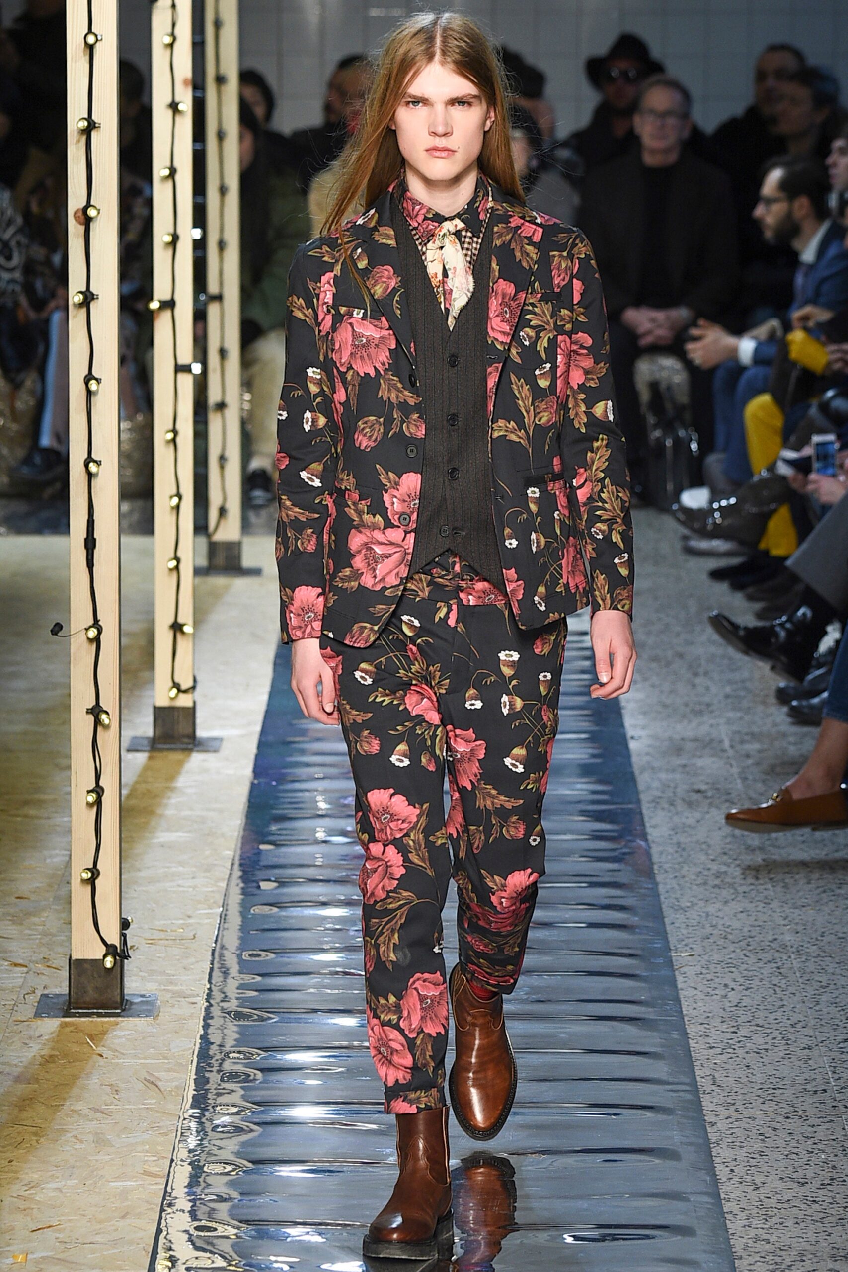 floral tailored suit with brown shoes