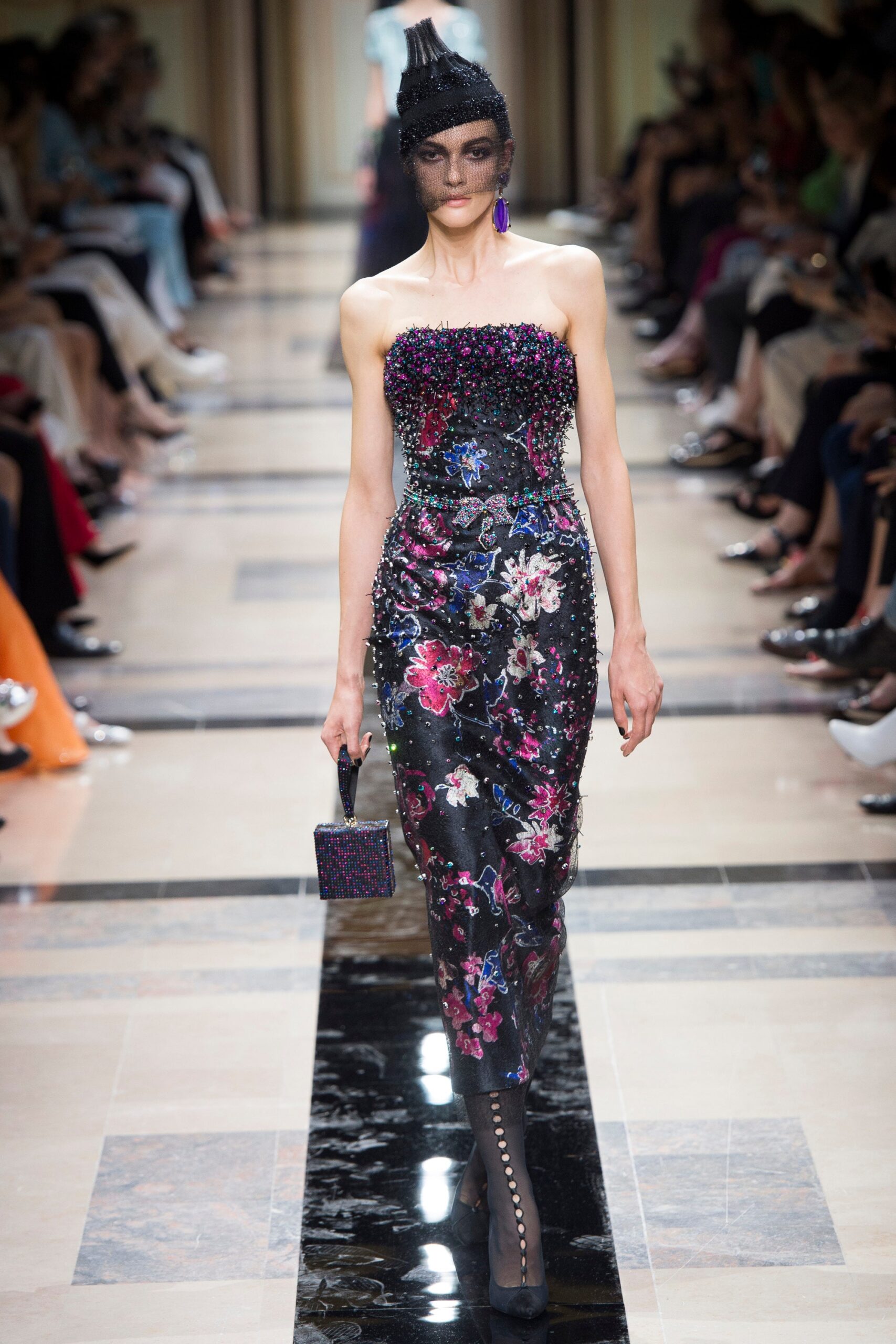 black embroidered strapless gown