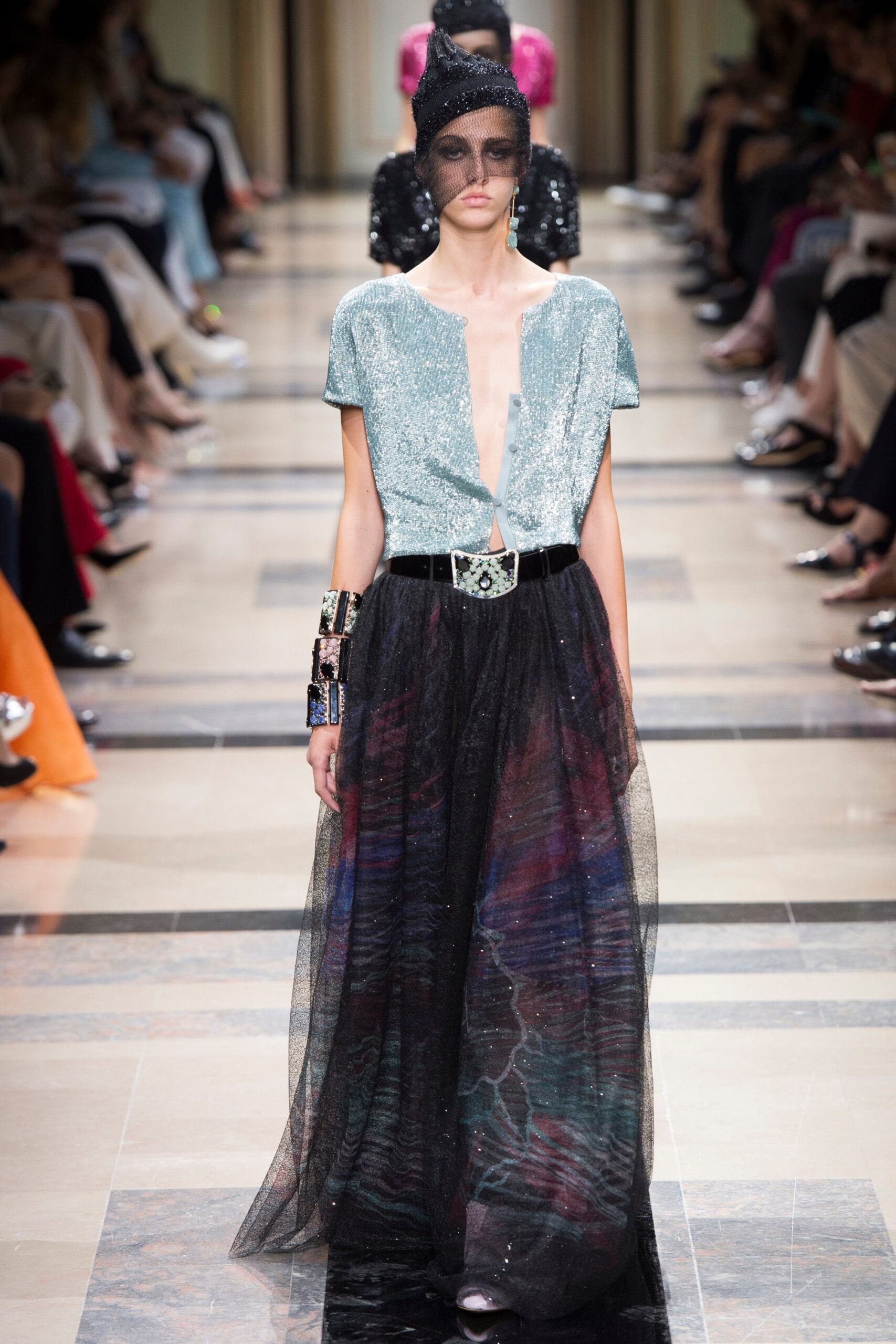 blue sequined top with black tulle skirt