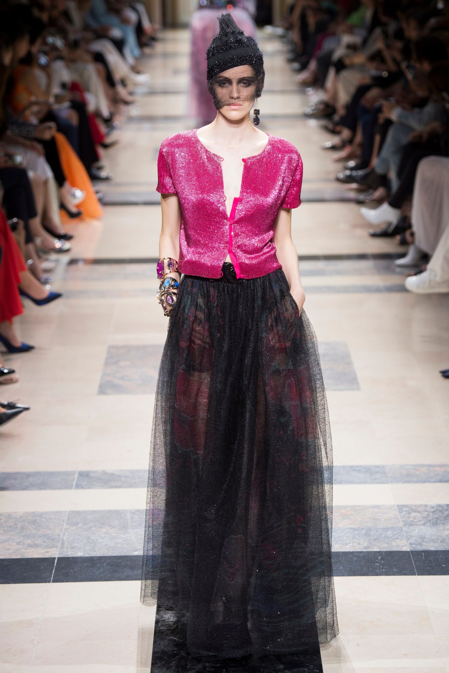 pink sequined top with black tulle skirt