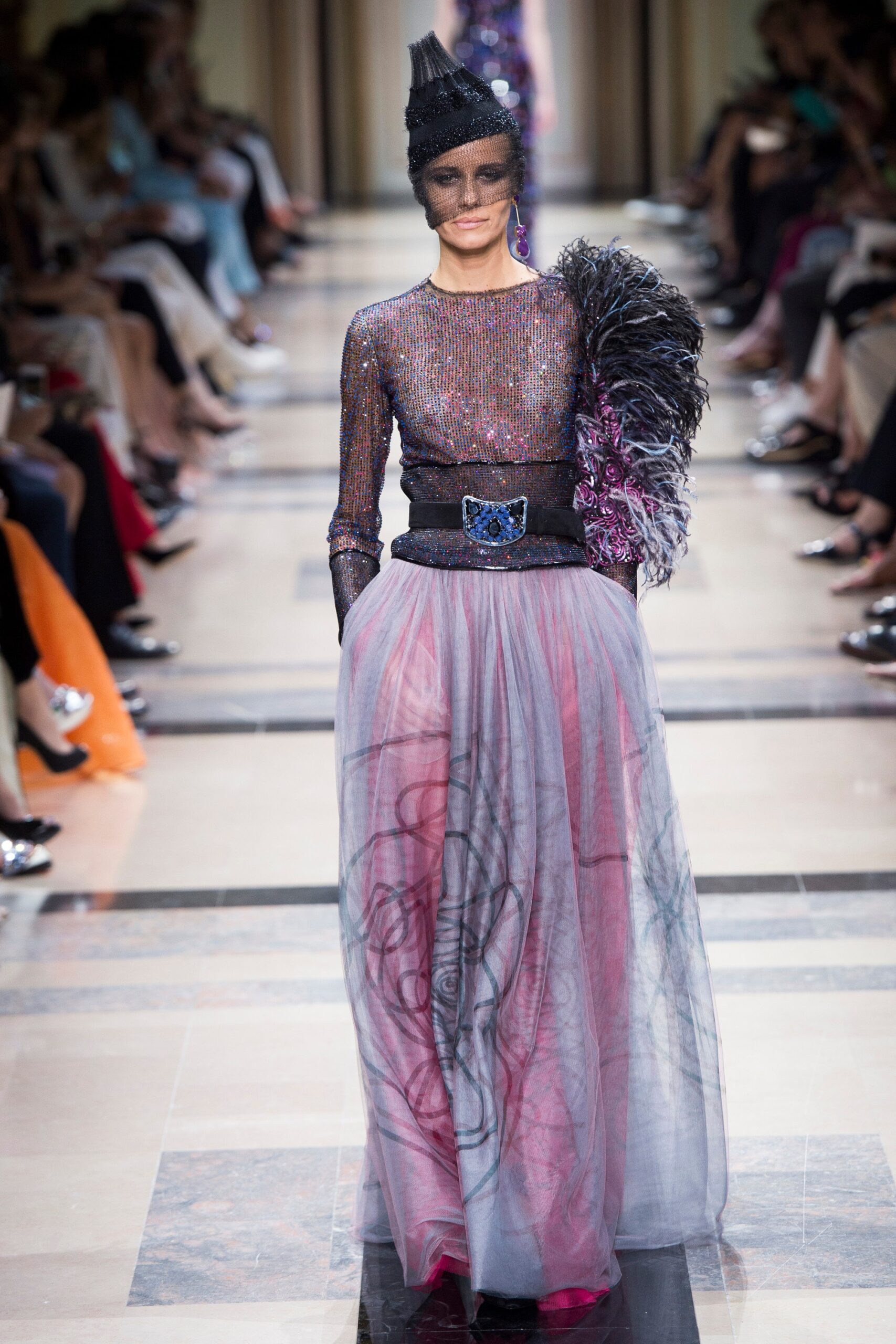 purple sequined top with gray tiered skirt