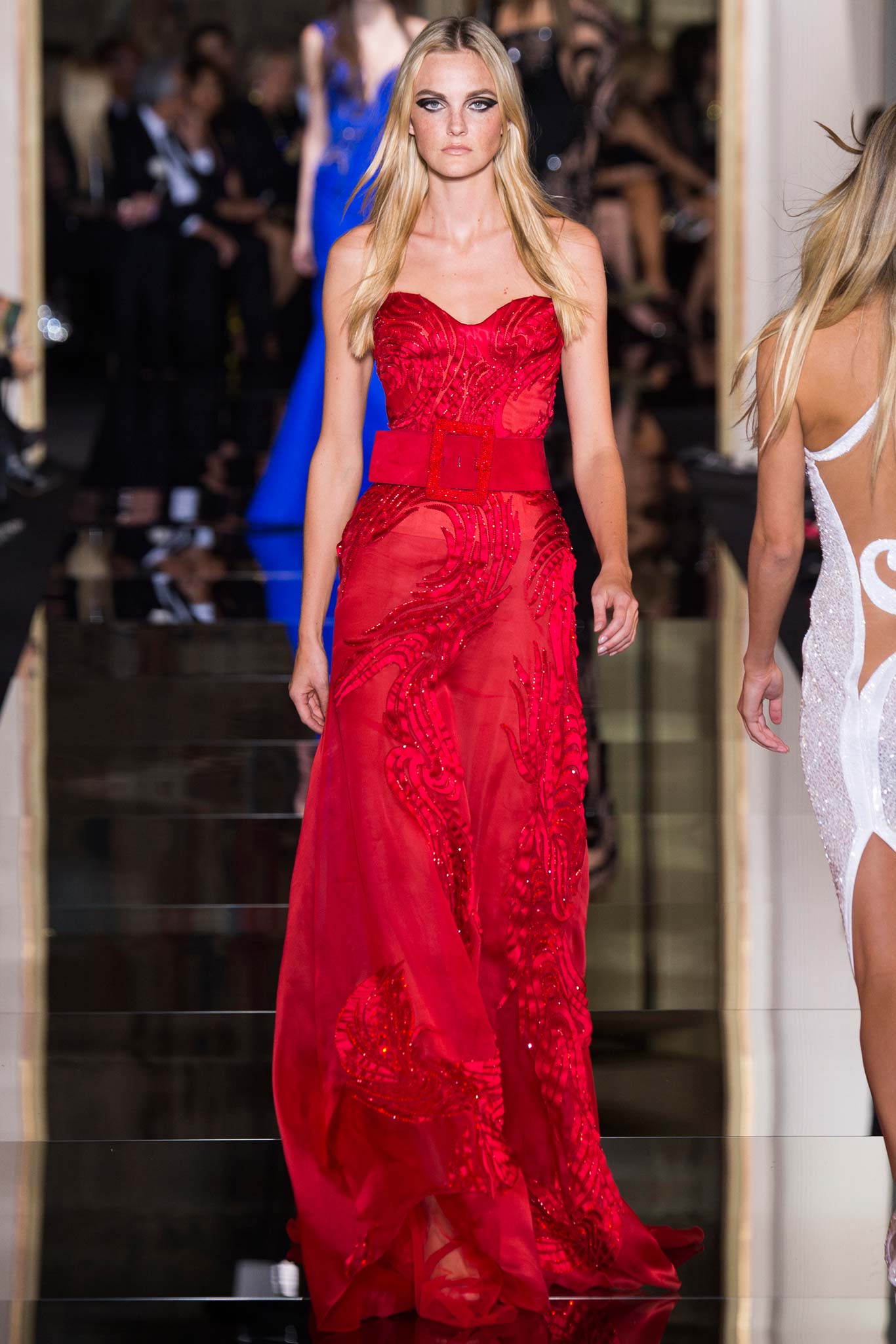 red embroidered strapless gown