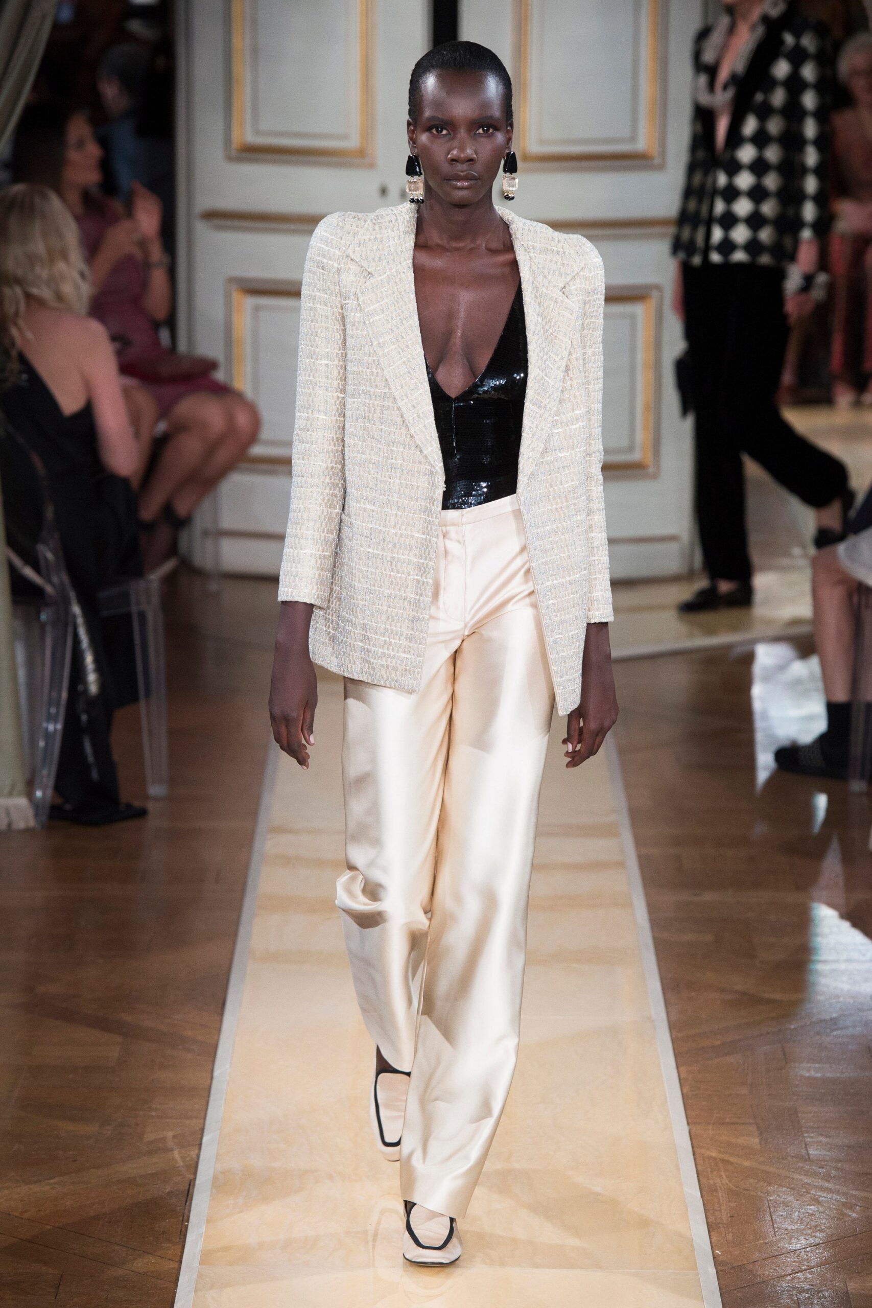 white tweed blazer with black top