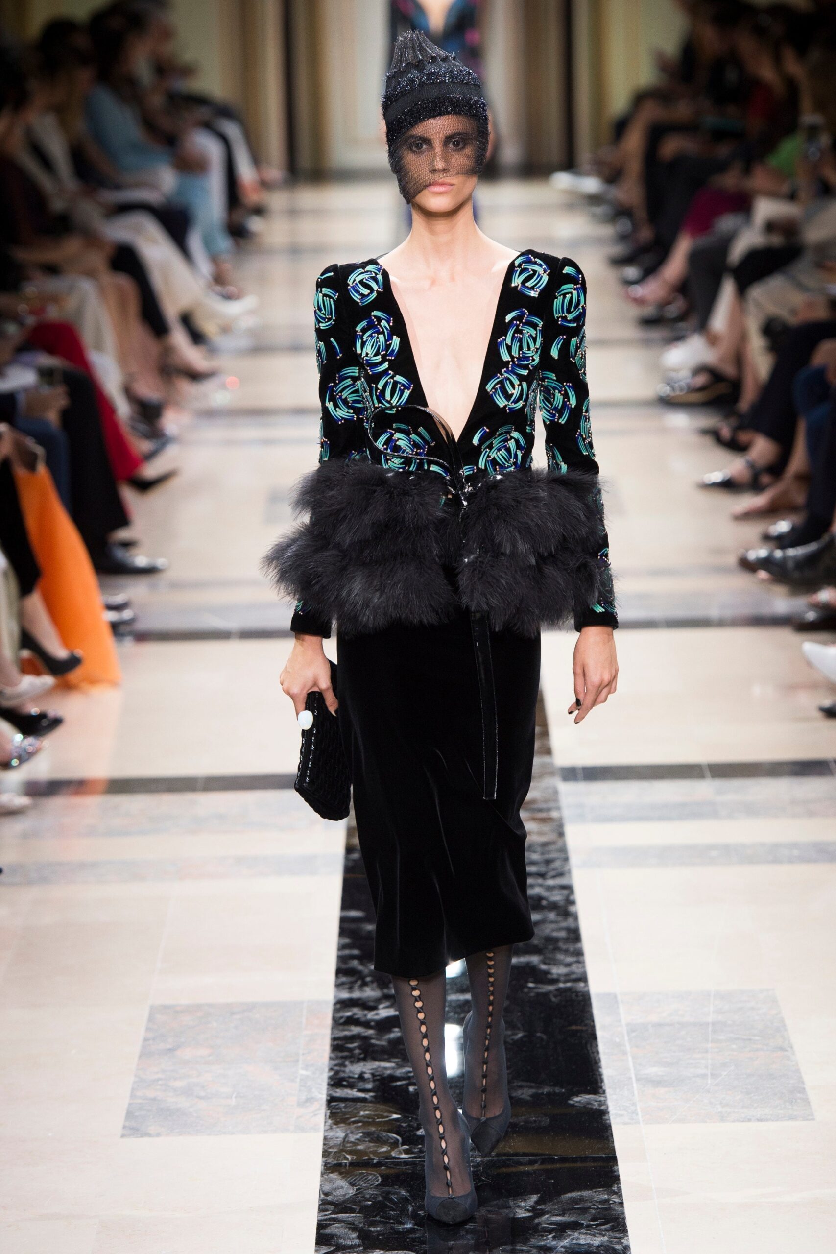 black velvet fitted midi dress with multi-colored jacket