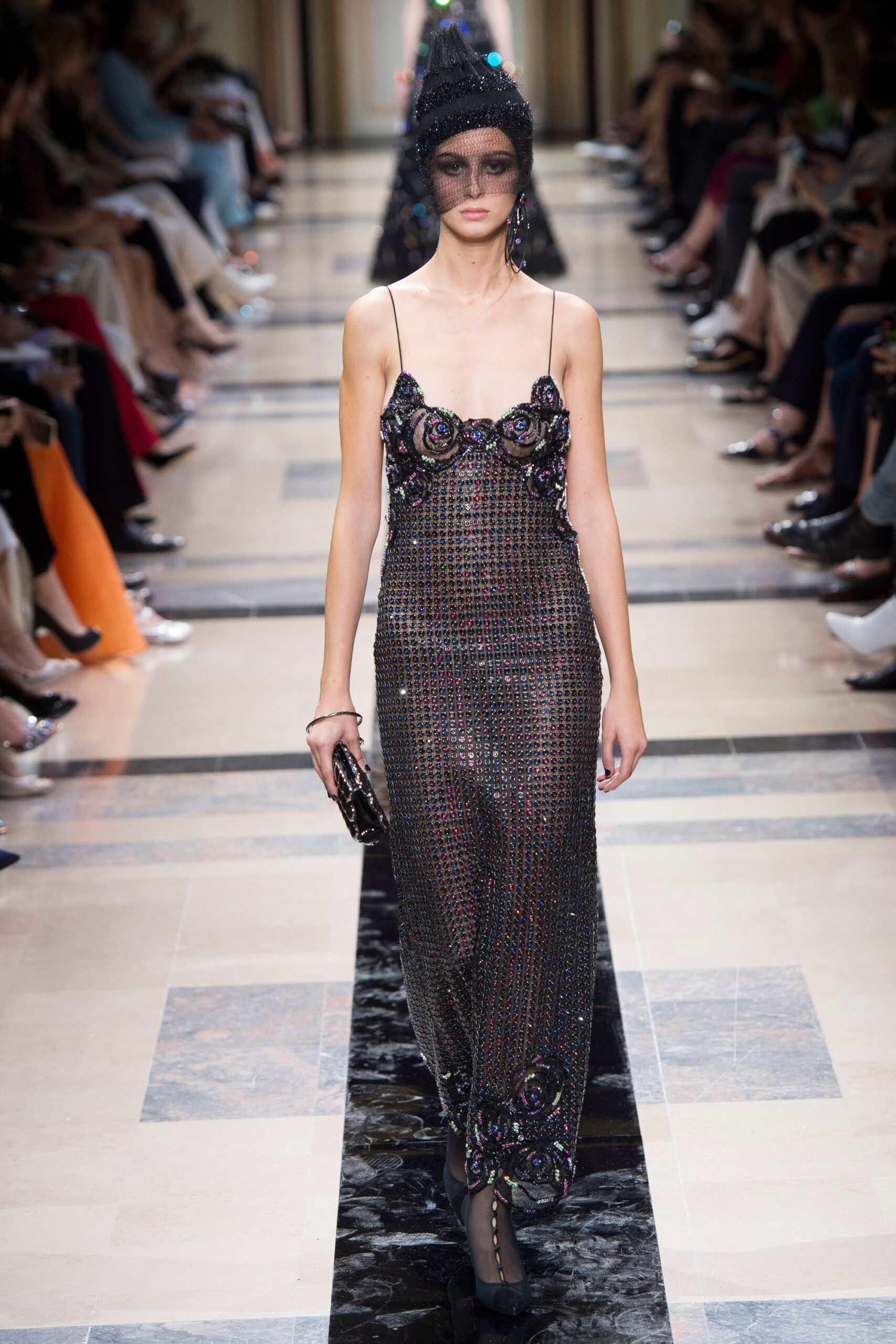 black silk embellished gown