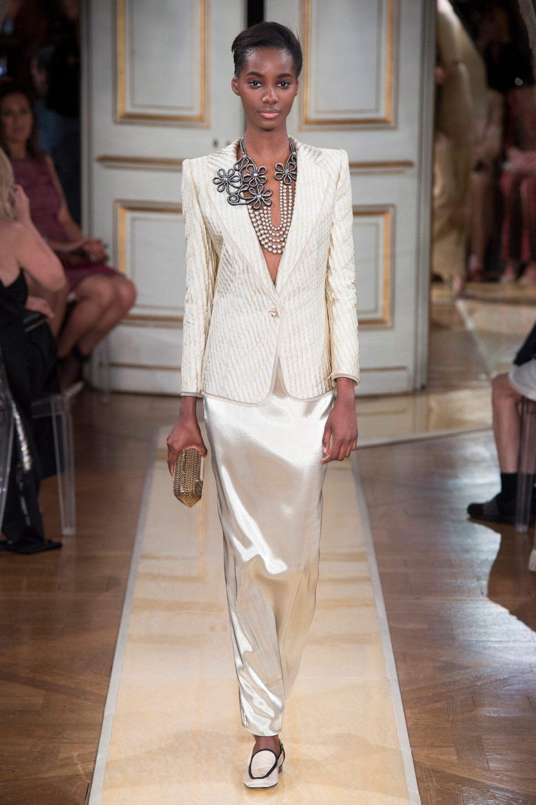 gold and silver tailored blazer and skirt