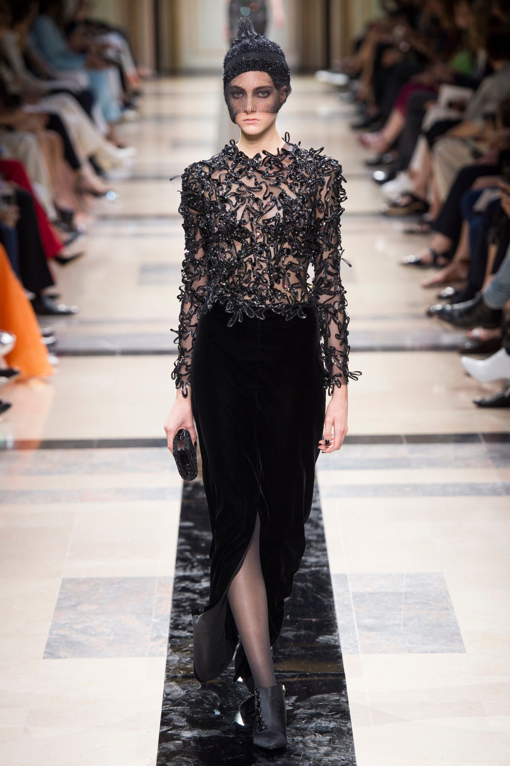 black embroidered top and velvet skirt