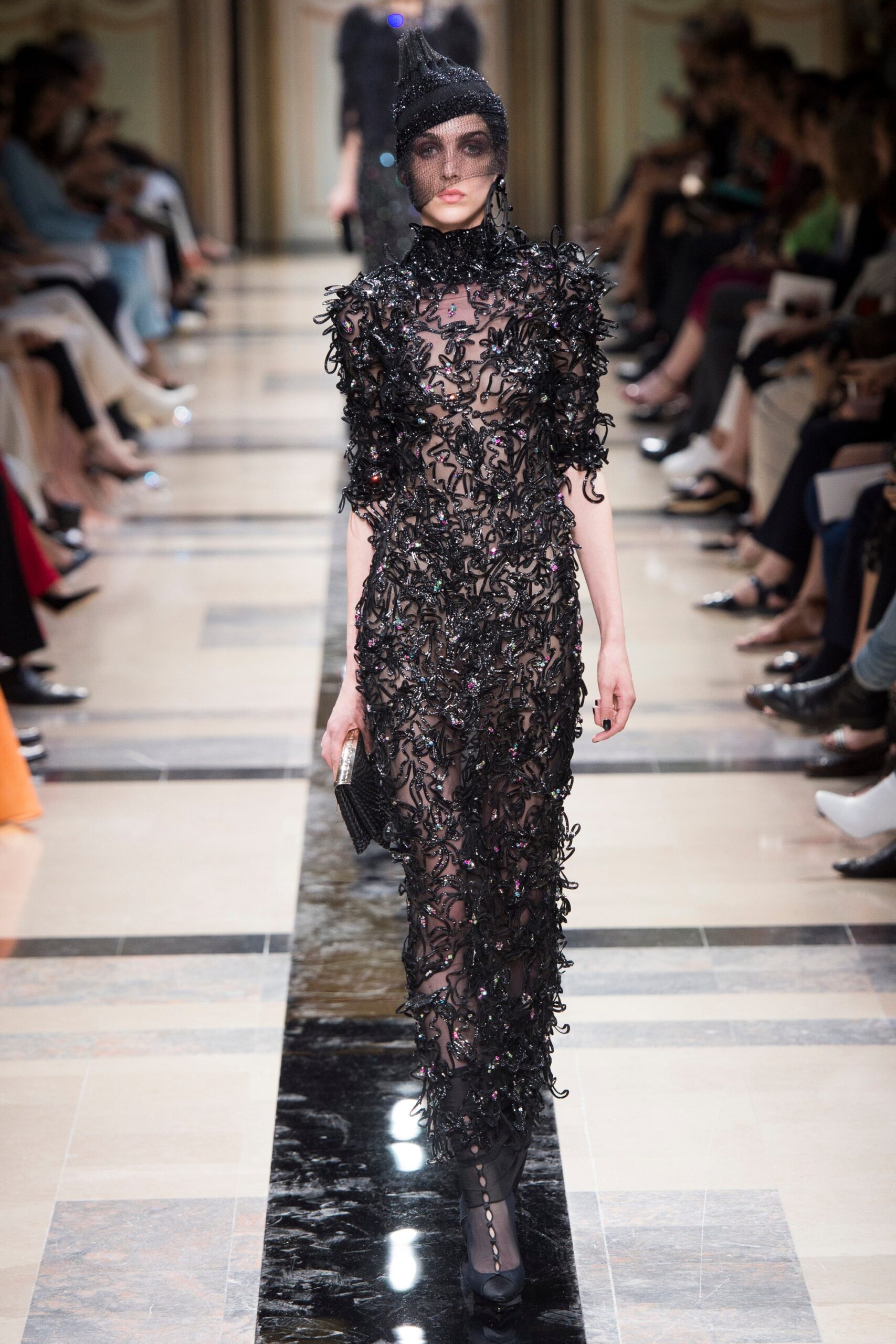 black embroidered sheer gown