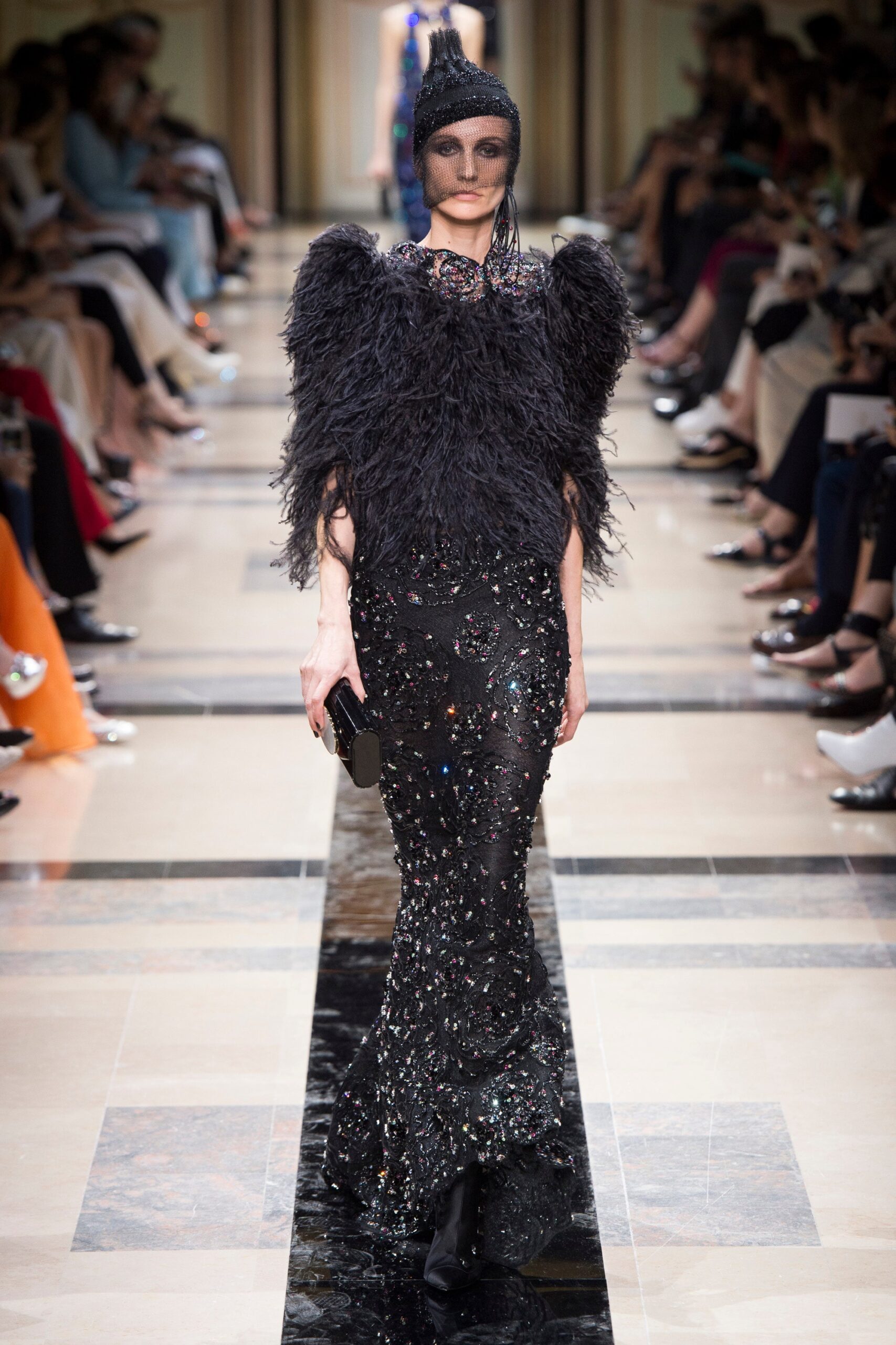 black sequined feather gown