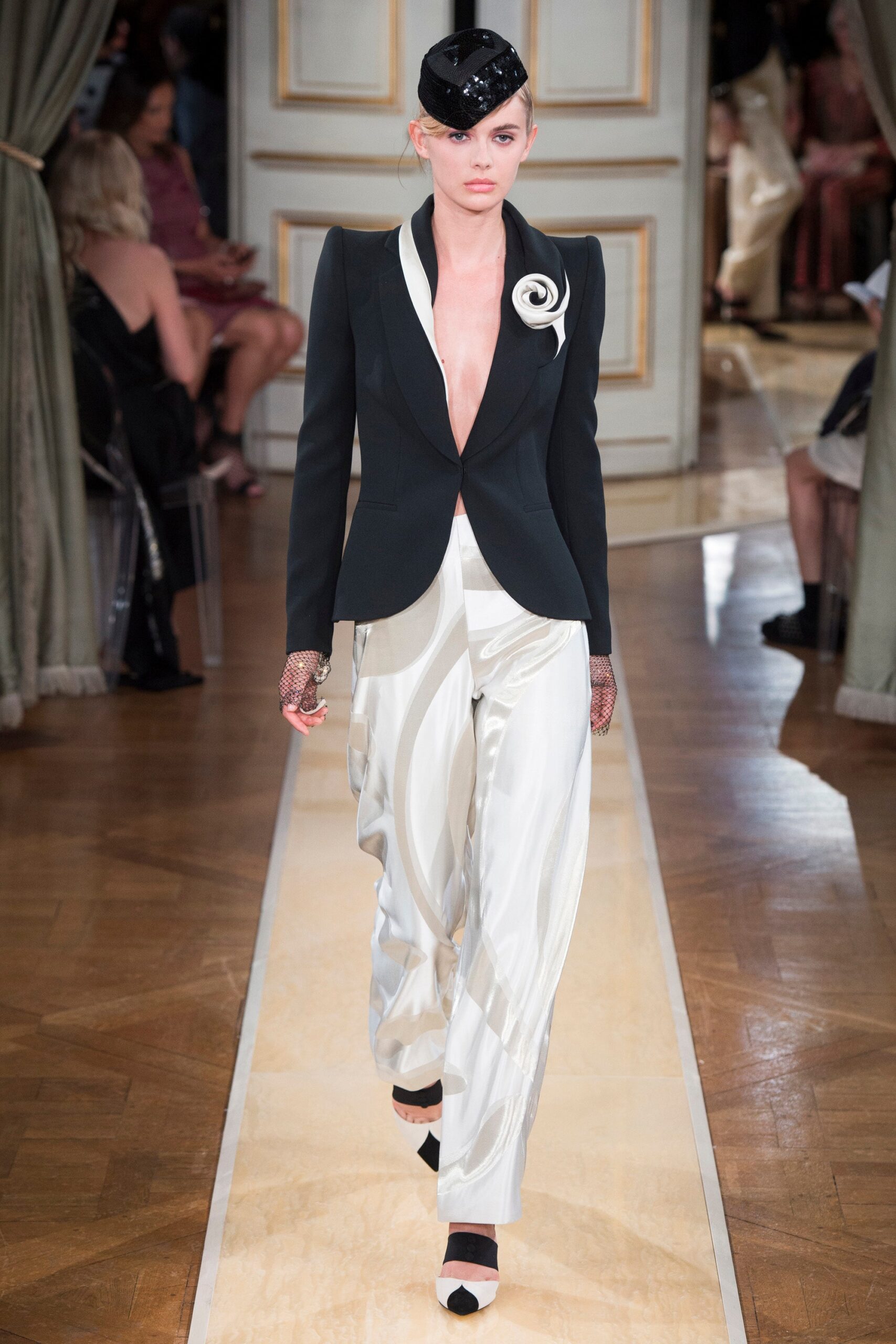 black tailored blazer white wide-leg pants