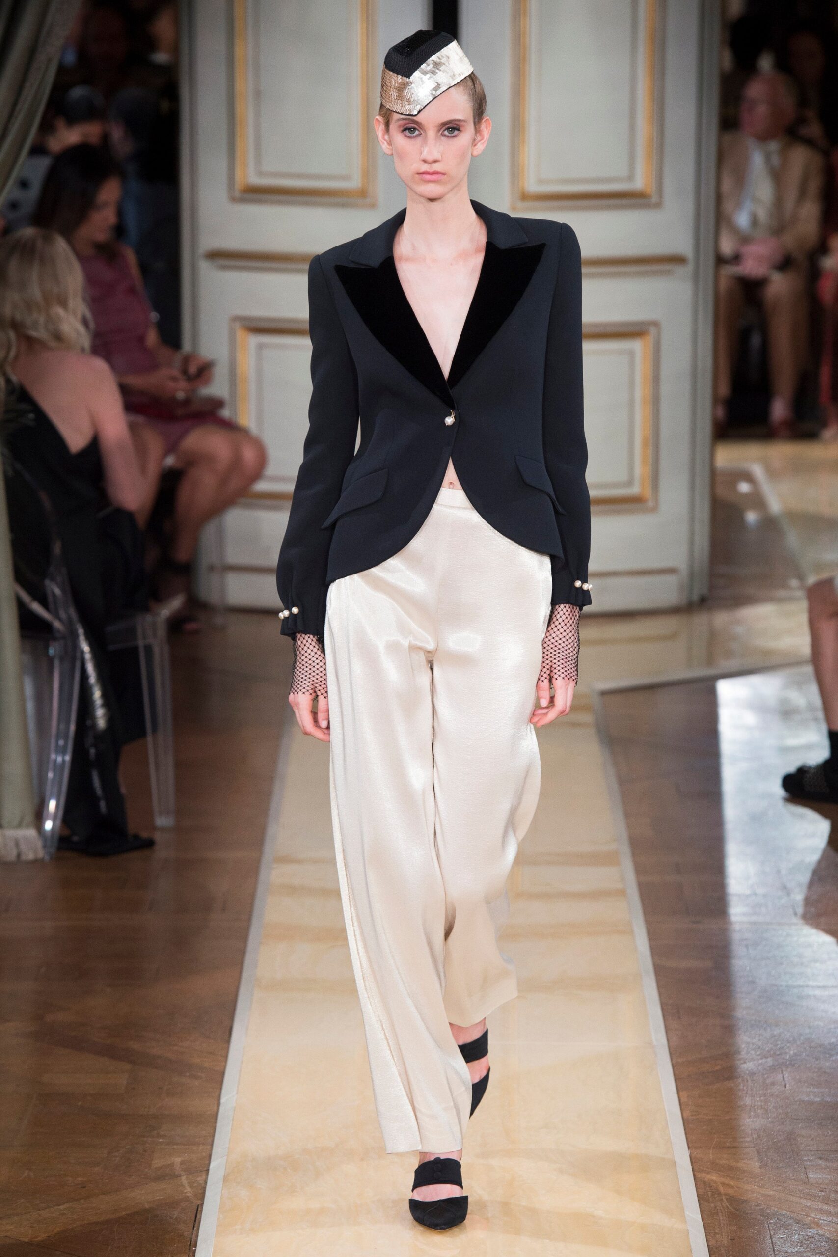 black tailored blazer beige wide-leg pants