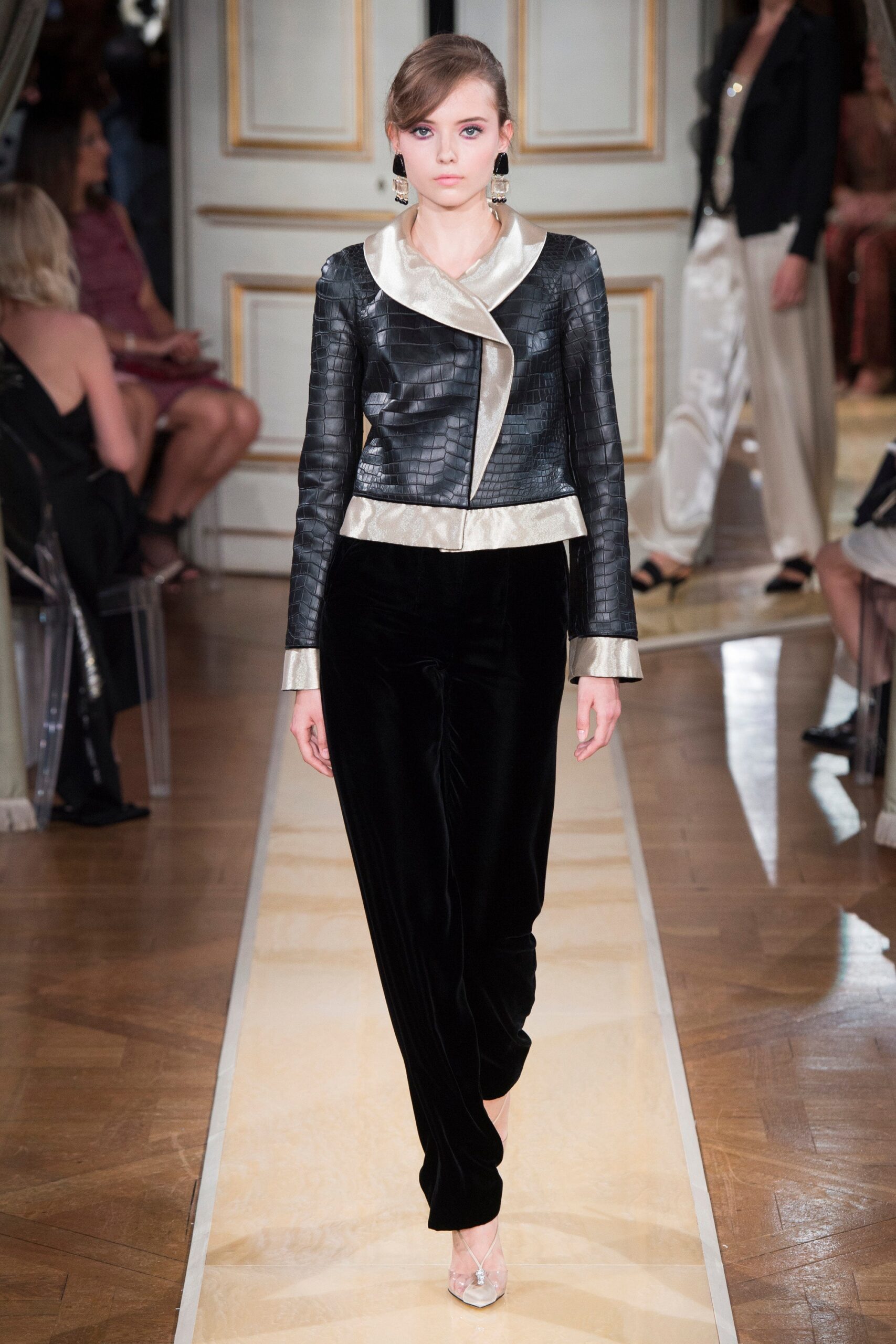 black leather jacket and velvet pants