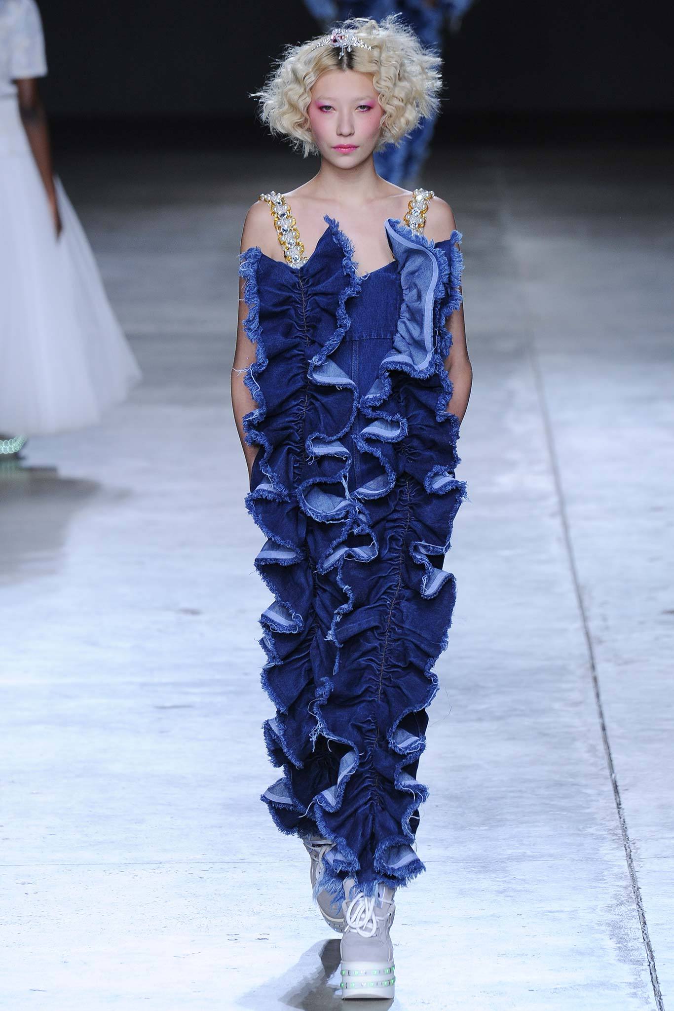 blue ruffled denim dress