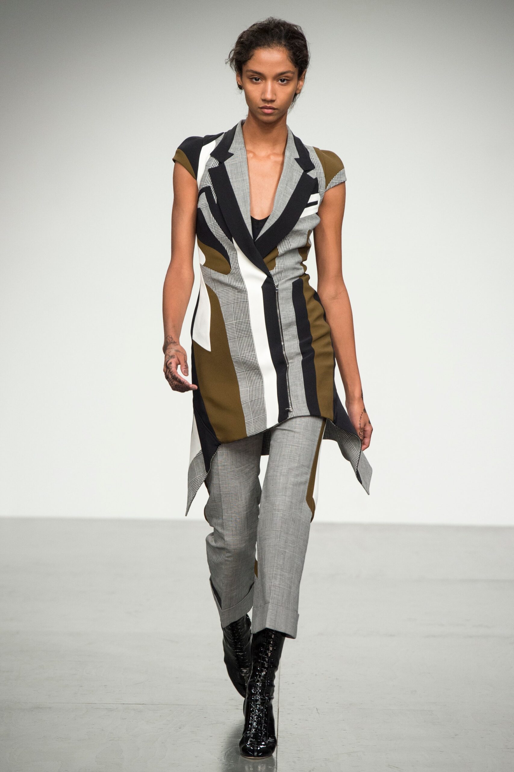 asymmetric color-blocked blazer and slim pants