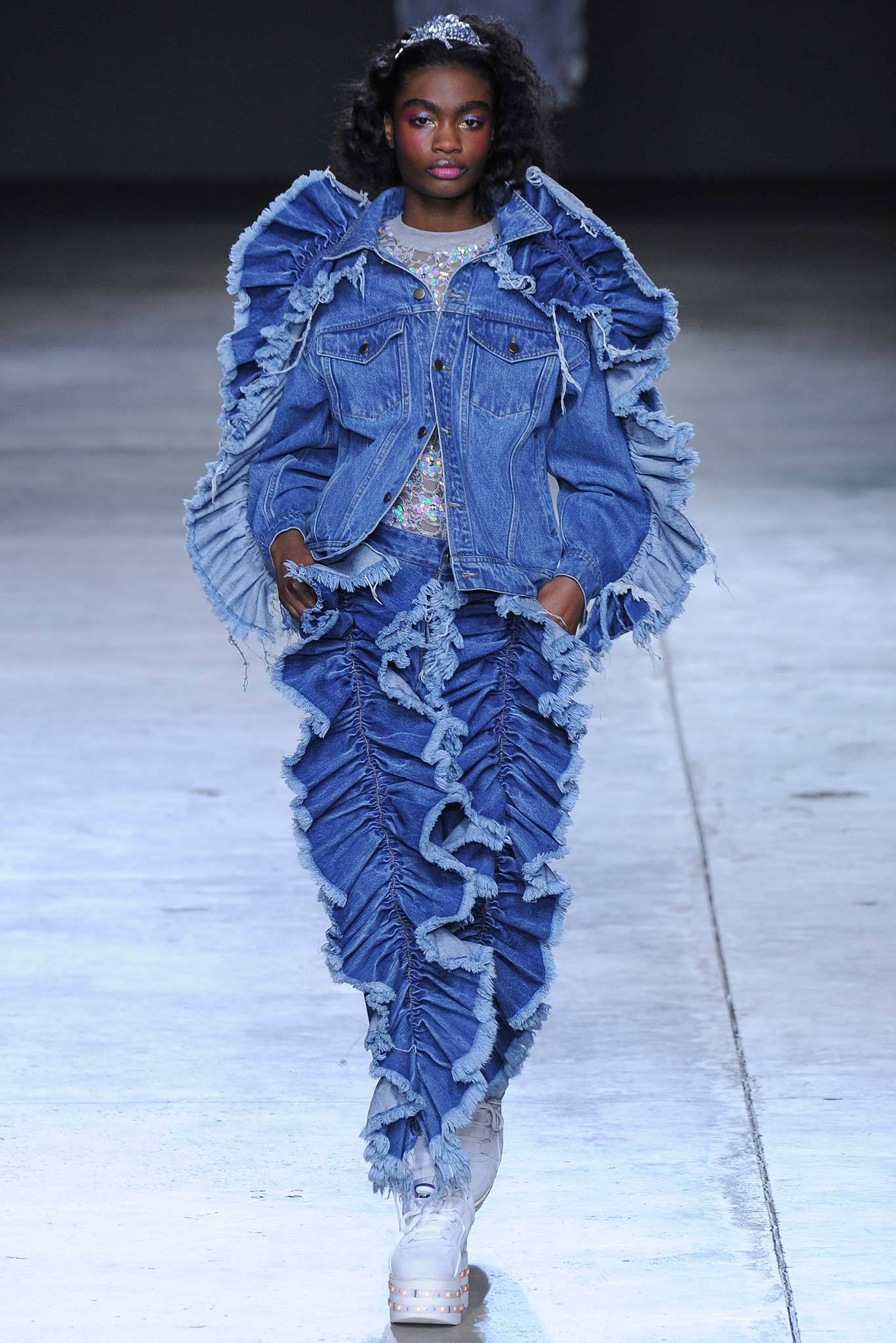 blue denim ruffled jacket and pants