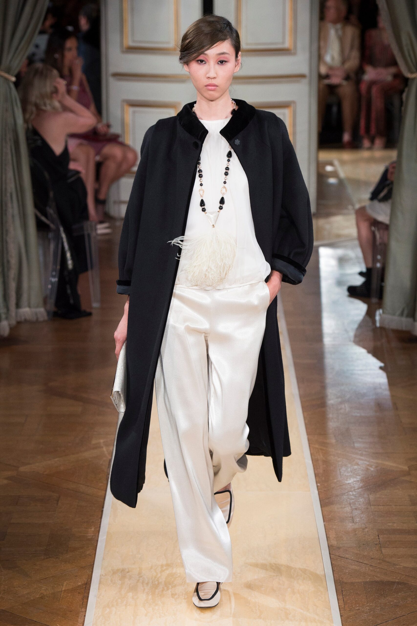 black coat white silk blouse pants