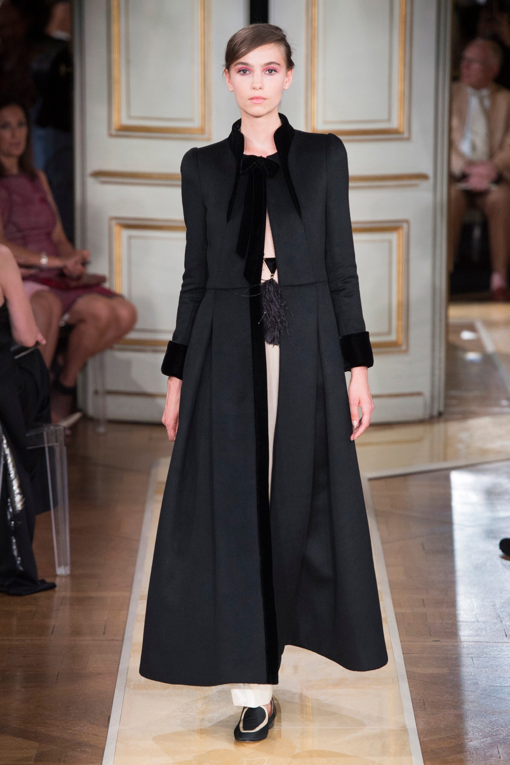 black wool coat with beige dress