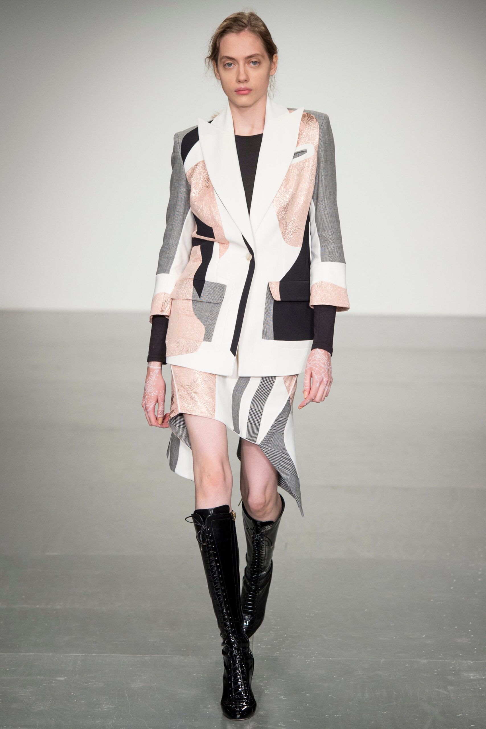 tailored color-blocked blazer and asymmetric skirt