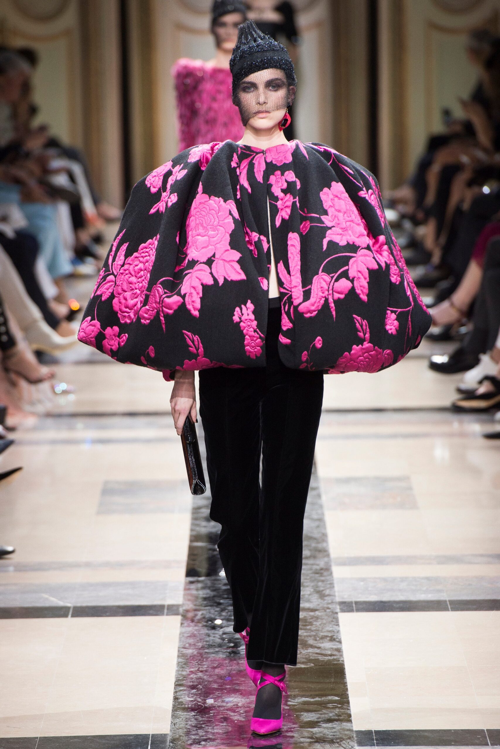 oversized floral cape with fitted pants