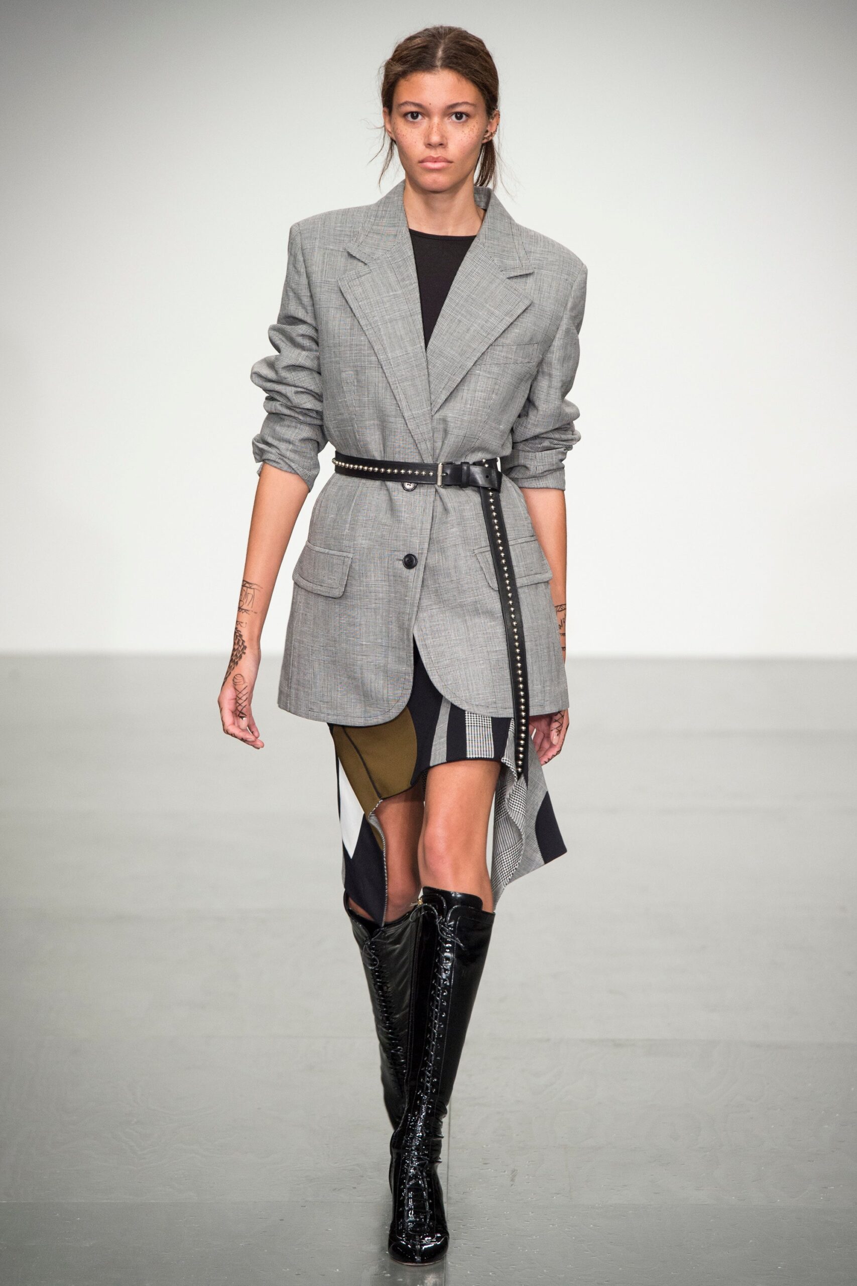 gray tailored blazer with asymmetric skirt