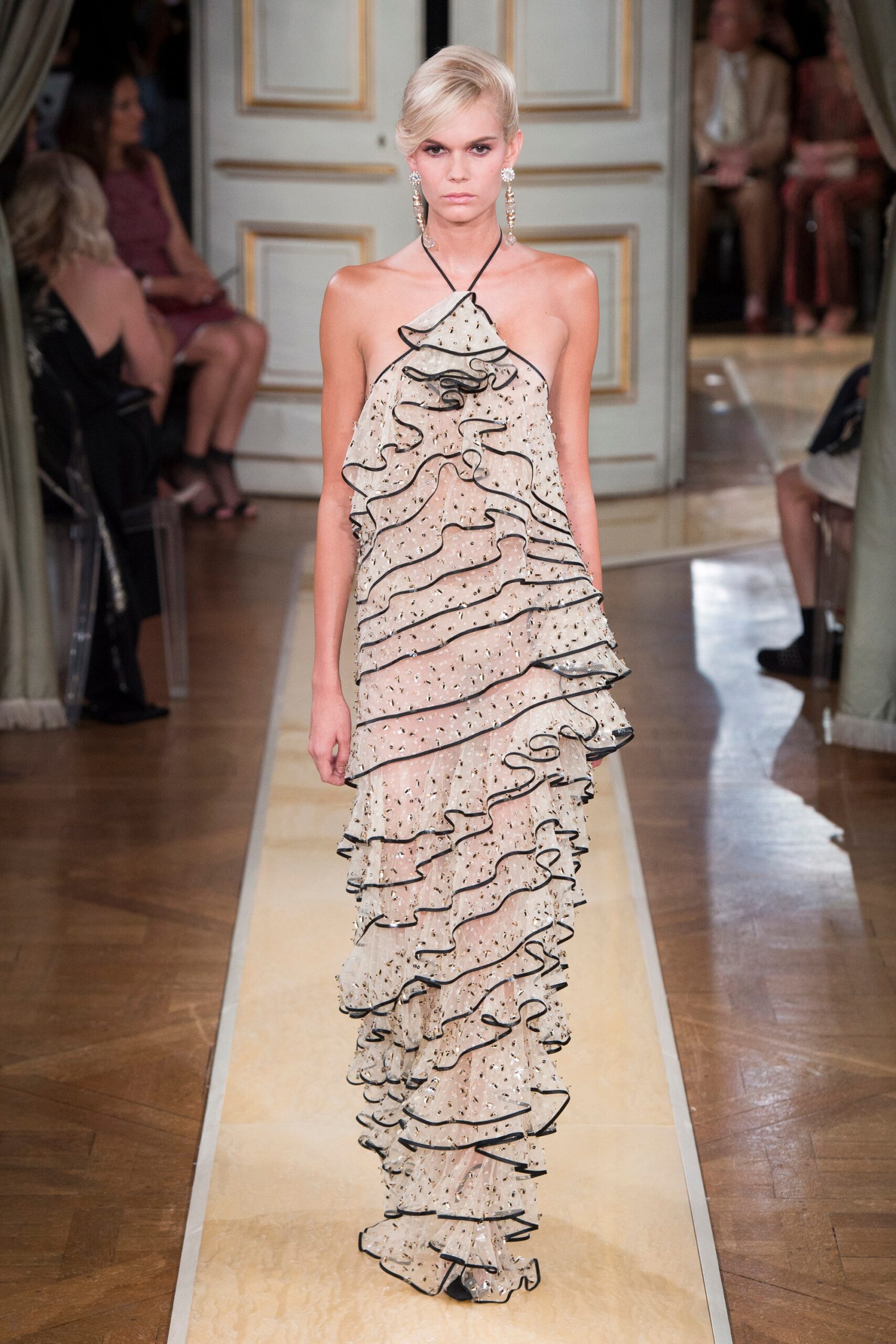 beige silk ruffled gown