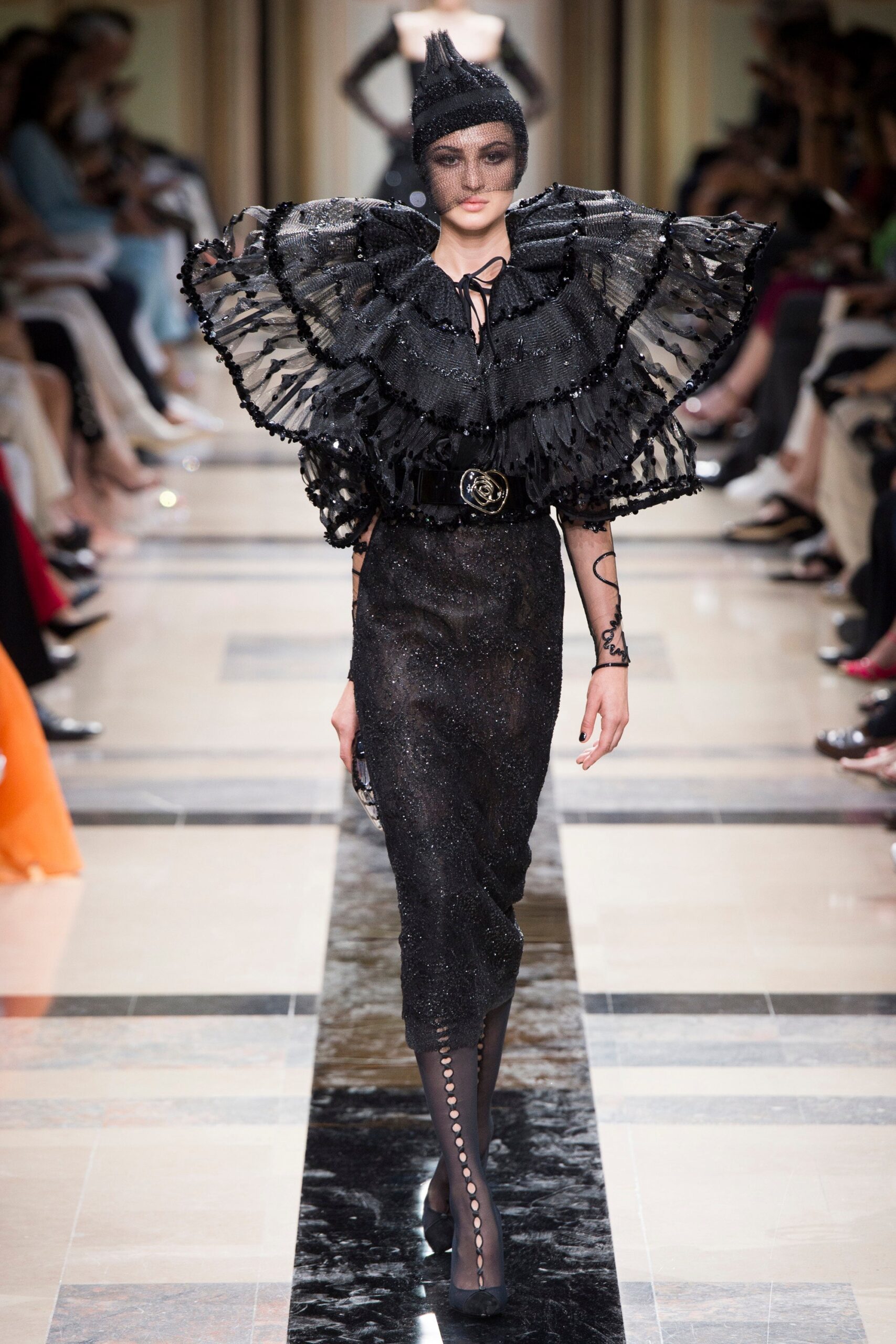 black ruffled midi dress