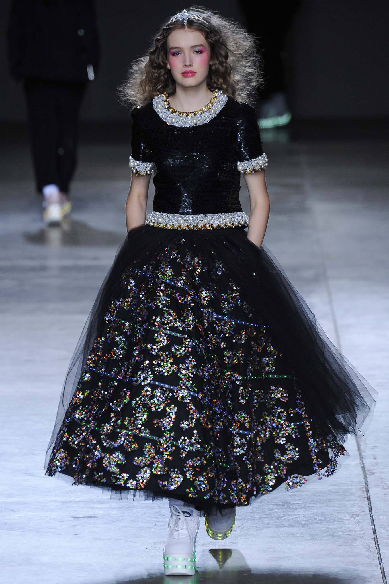 black silk top with tiered skirt