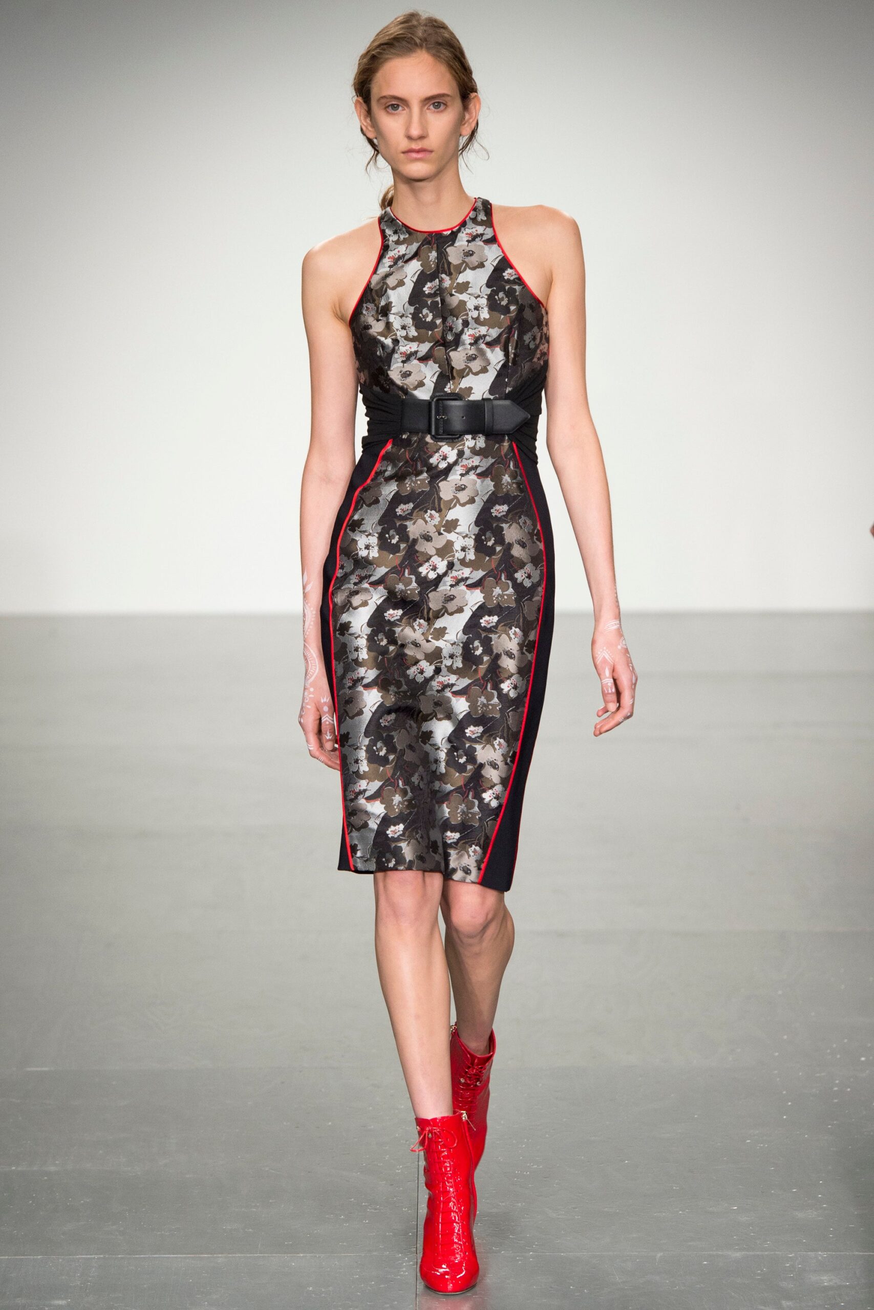 fitted black gray red dress