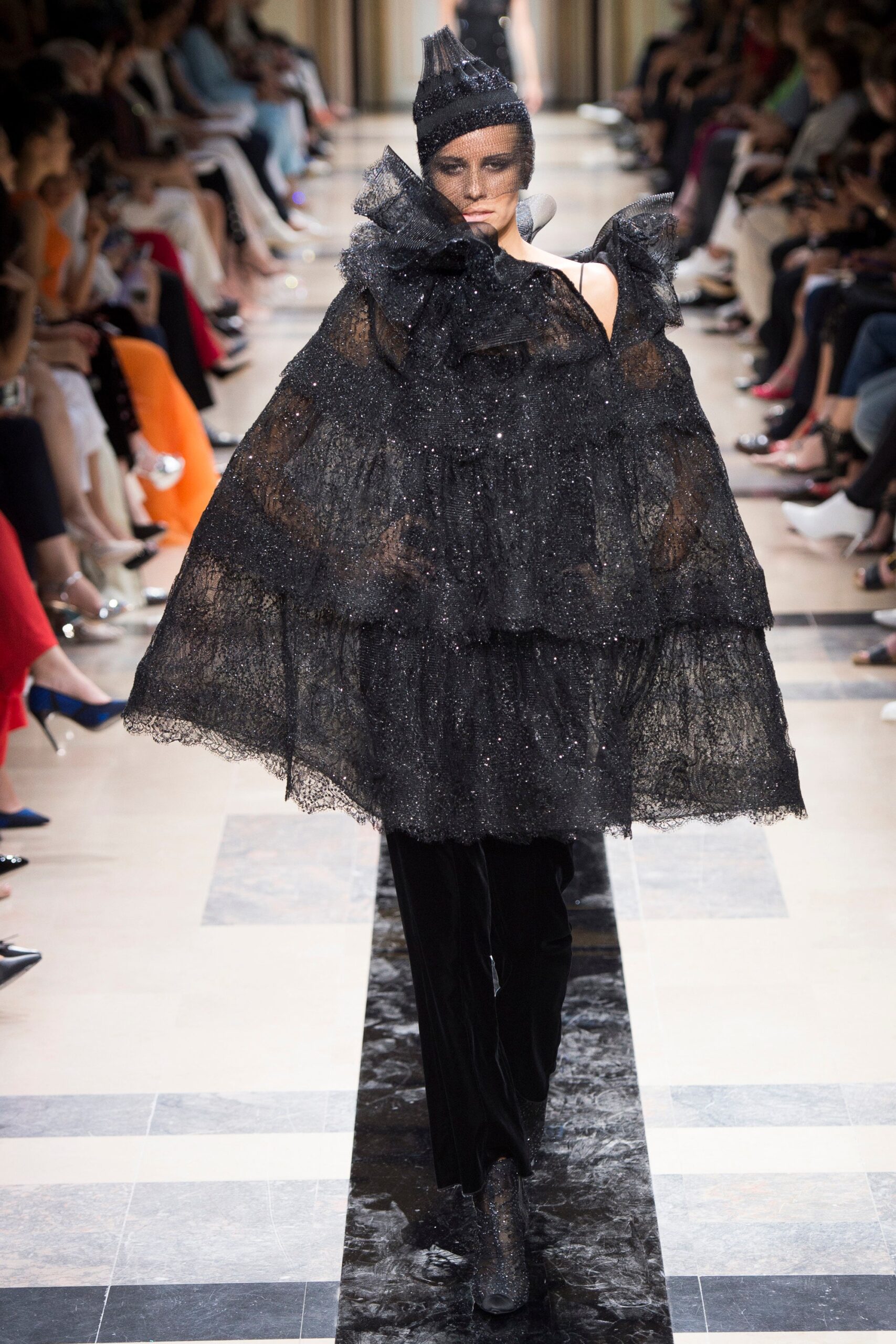 black lace oversized cape with velvet pants