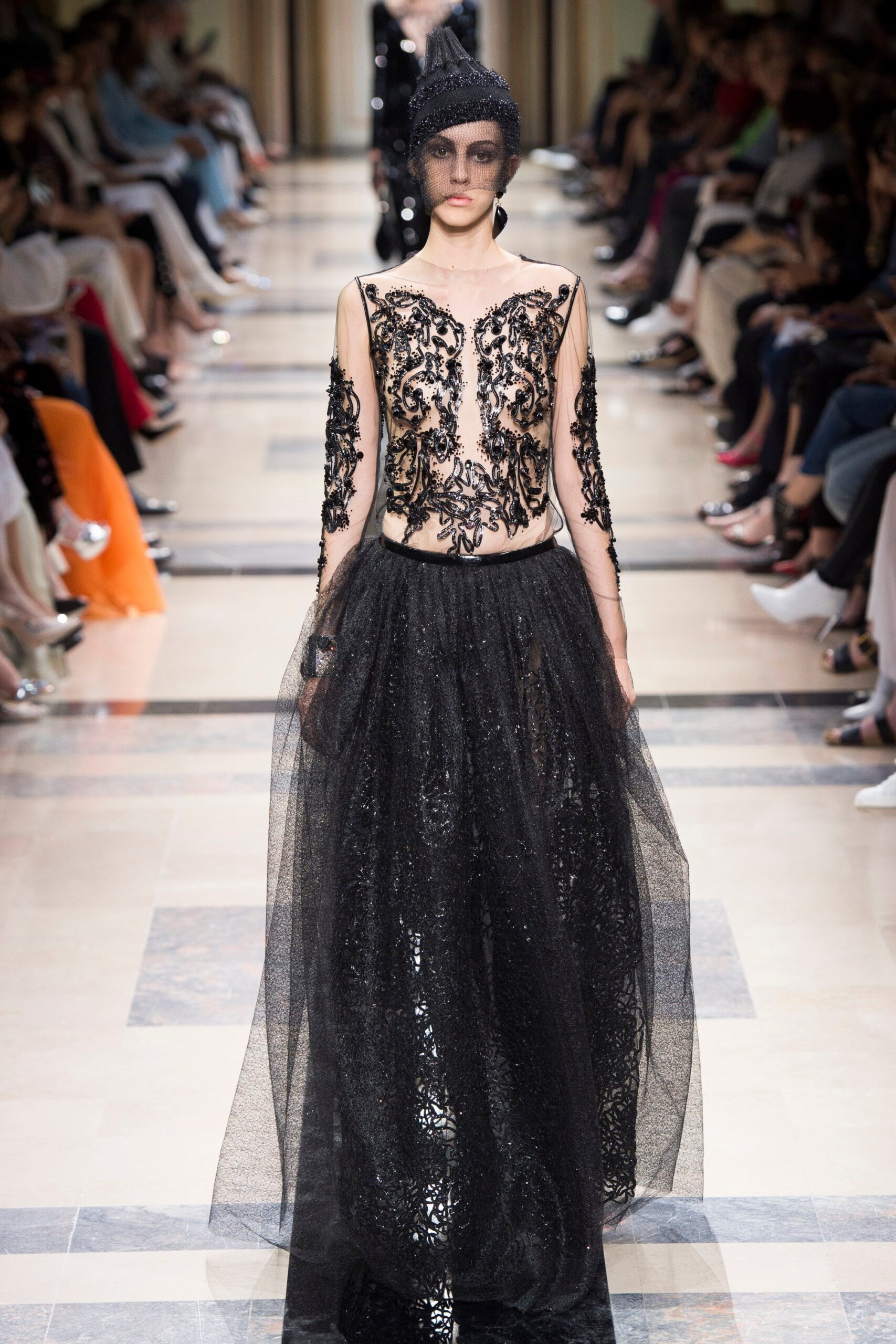 black embroidered sheer gown