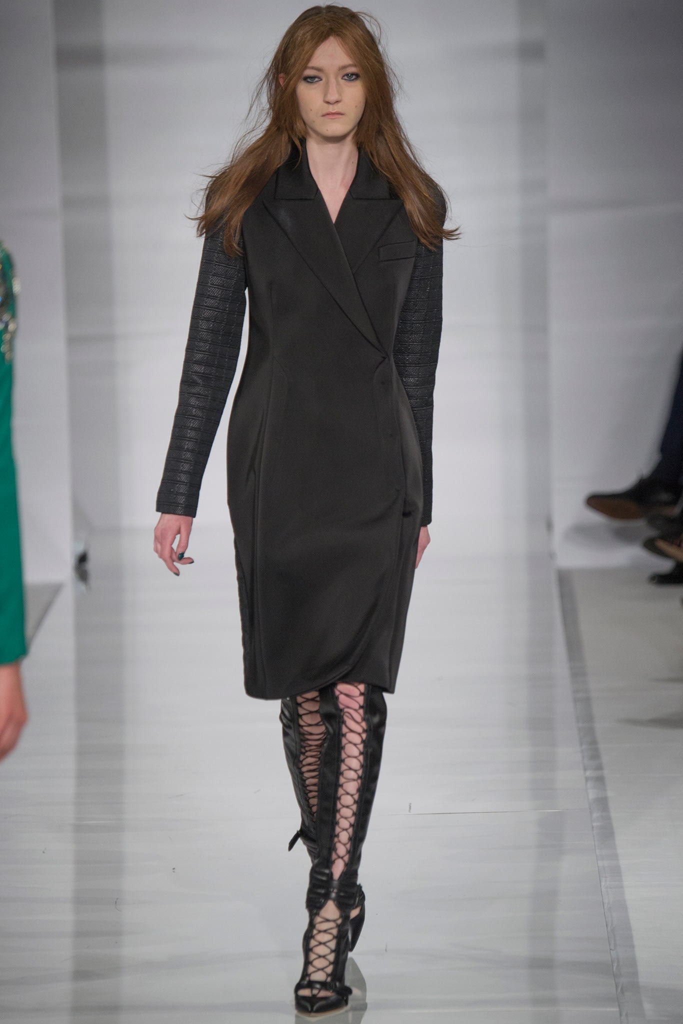 black fitted midi dress with lace-up shoes