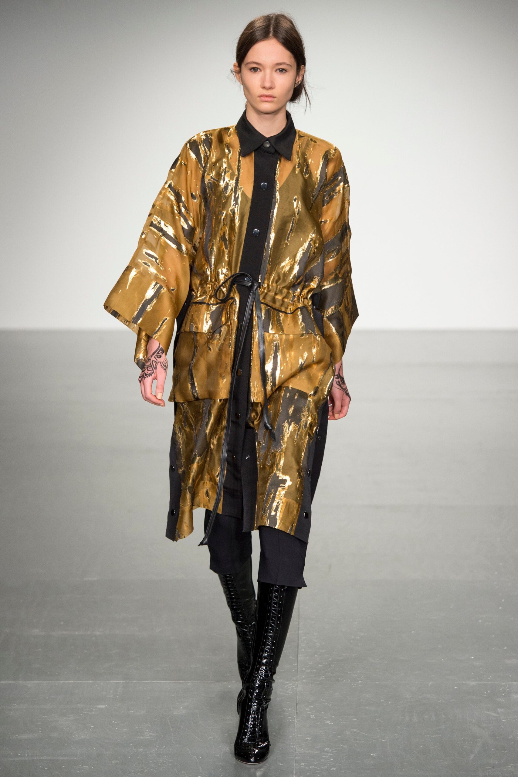 gold silk long-sleeve collared relaxed layered belted coat