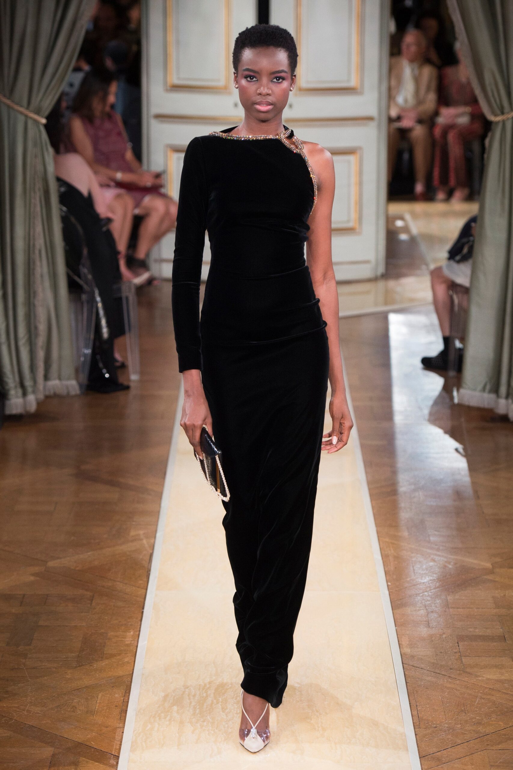 black velvet off-shoulder gown