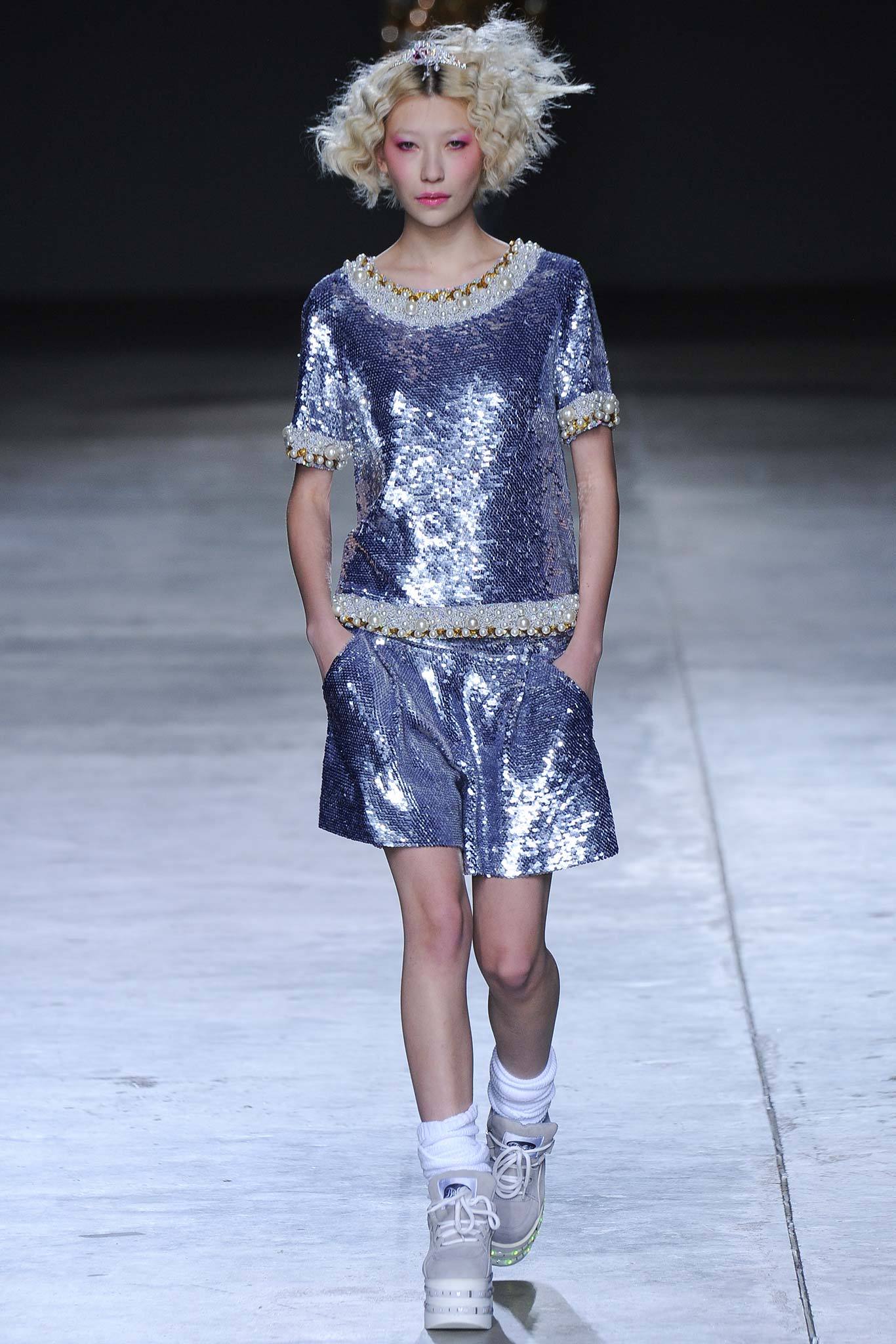 blue sequin top and shorts