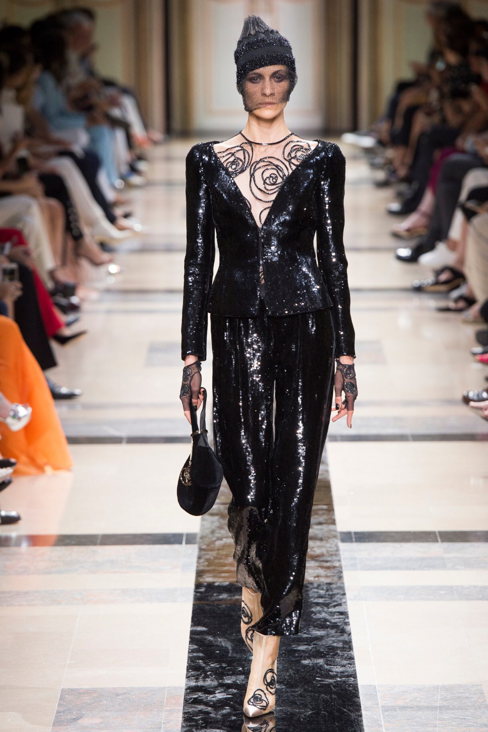 black sequin fitted dress and blazer