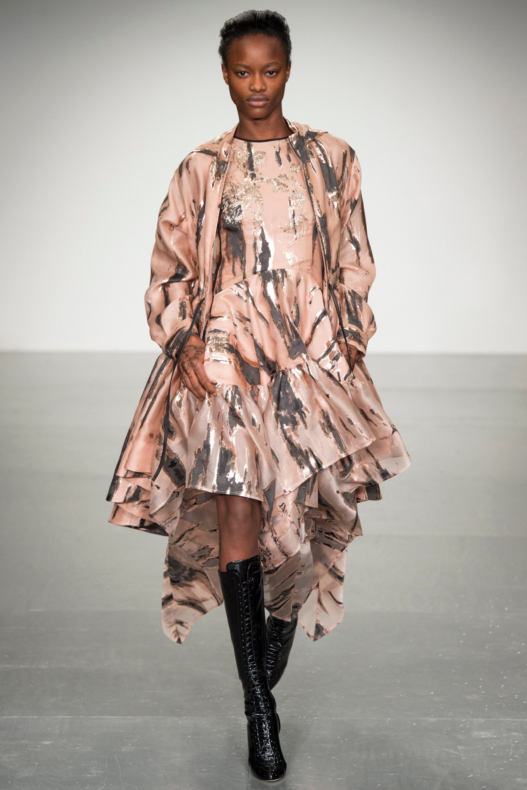 pink silk tiered midi dress with coat