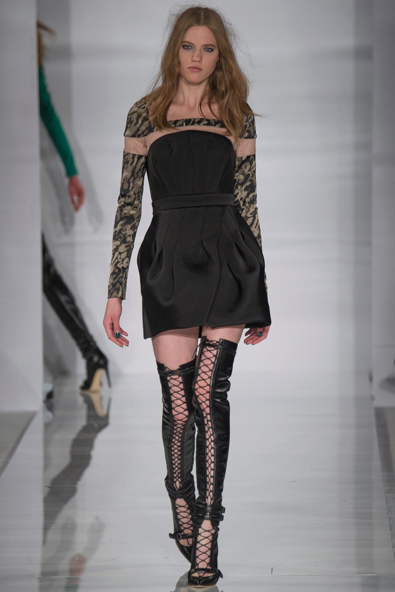 black pleated mini dress with boots