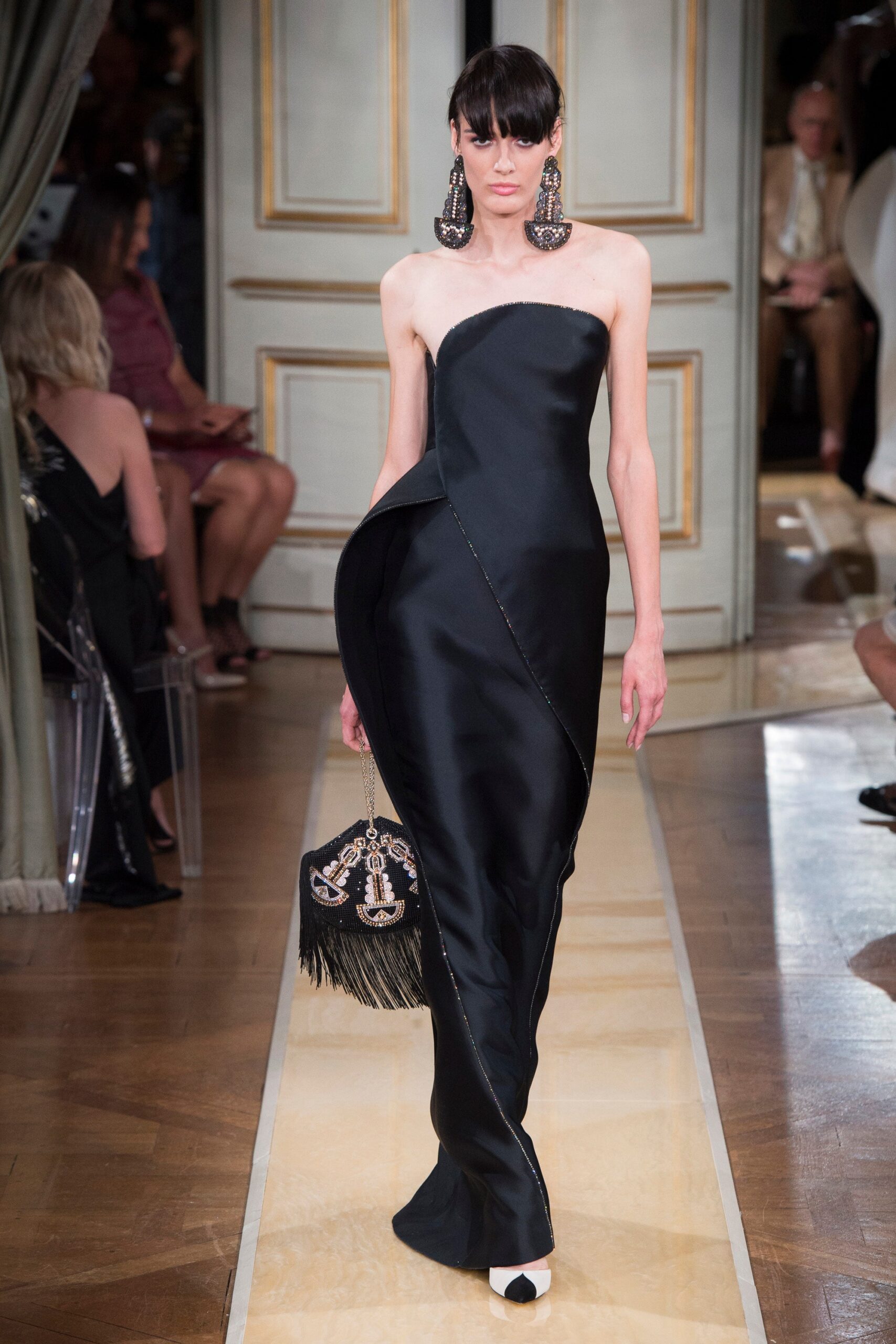 black silk strapless gown