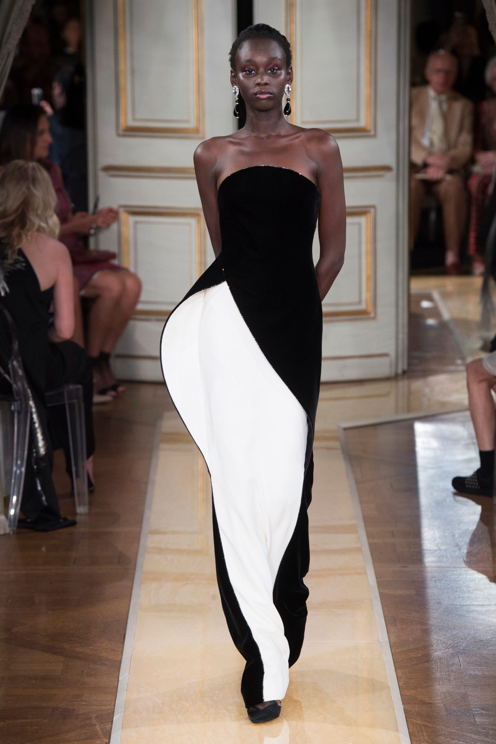 black and white asymmetric gown