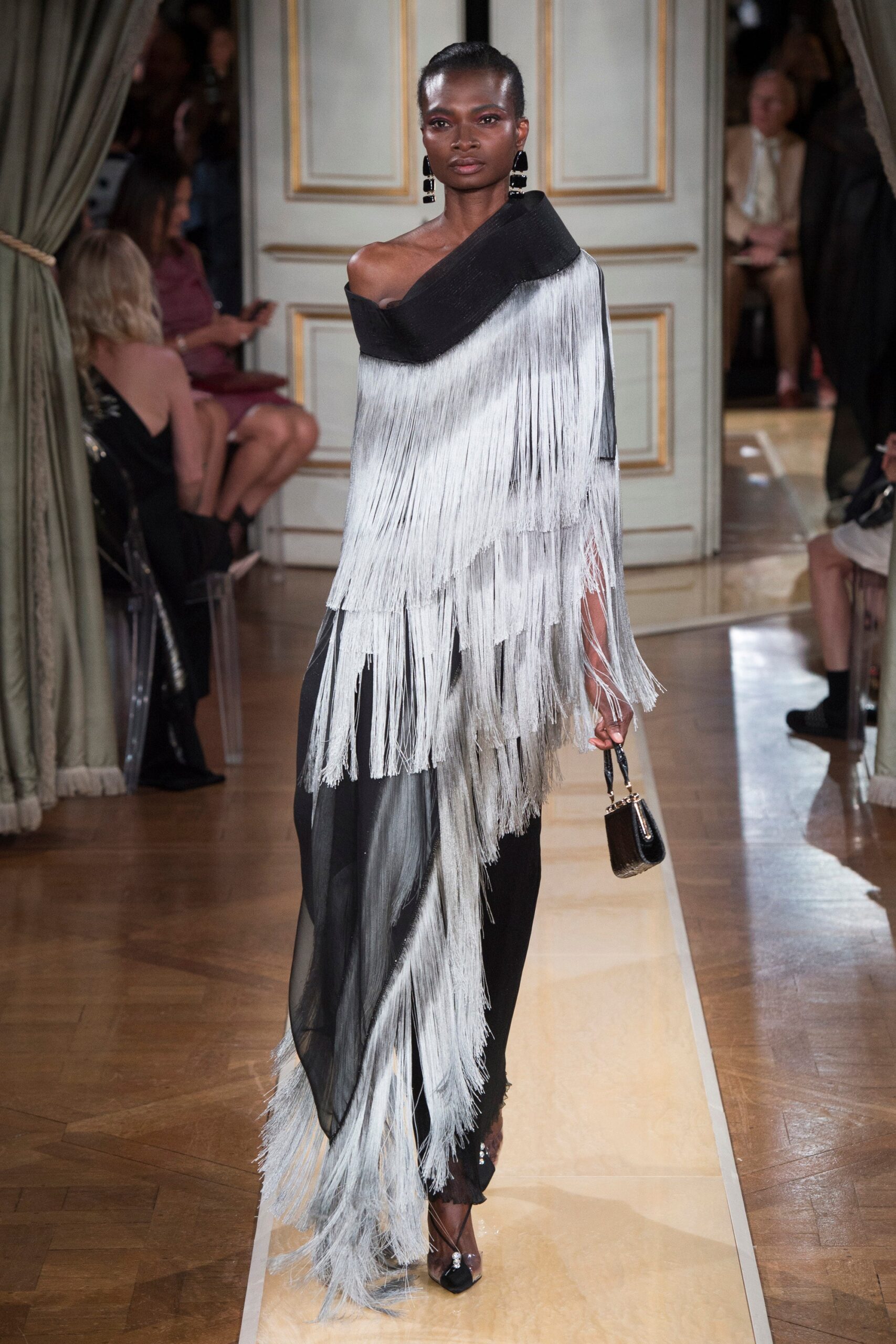 black and white fringed dress