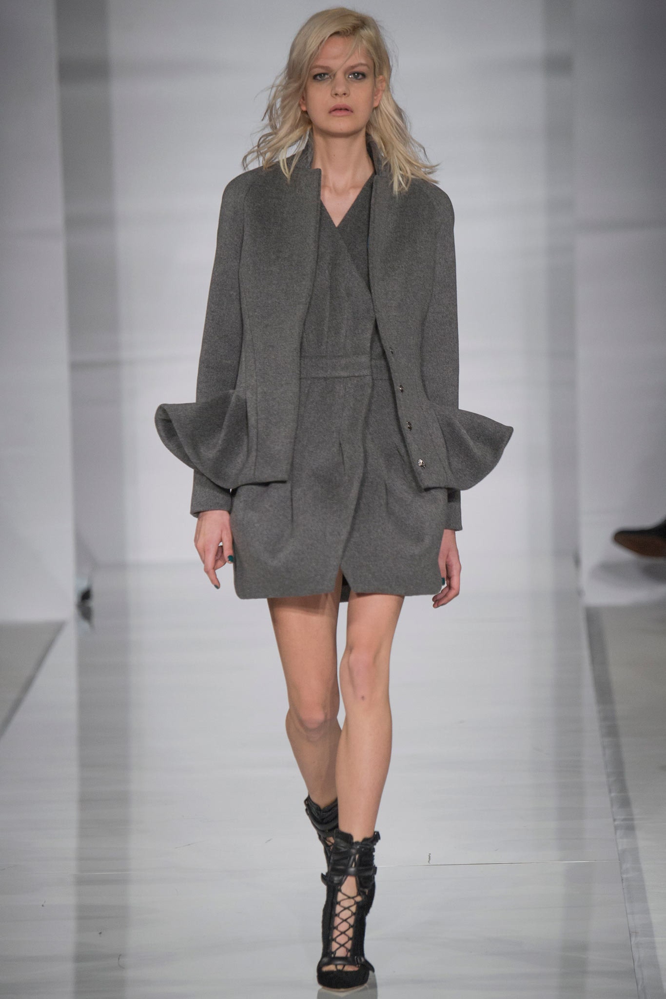 gray wool long-sleeve v-neck fitted pleated belted dress