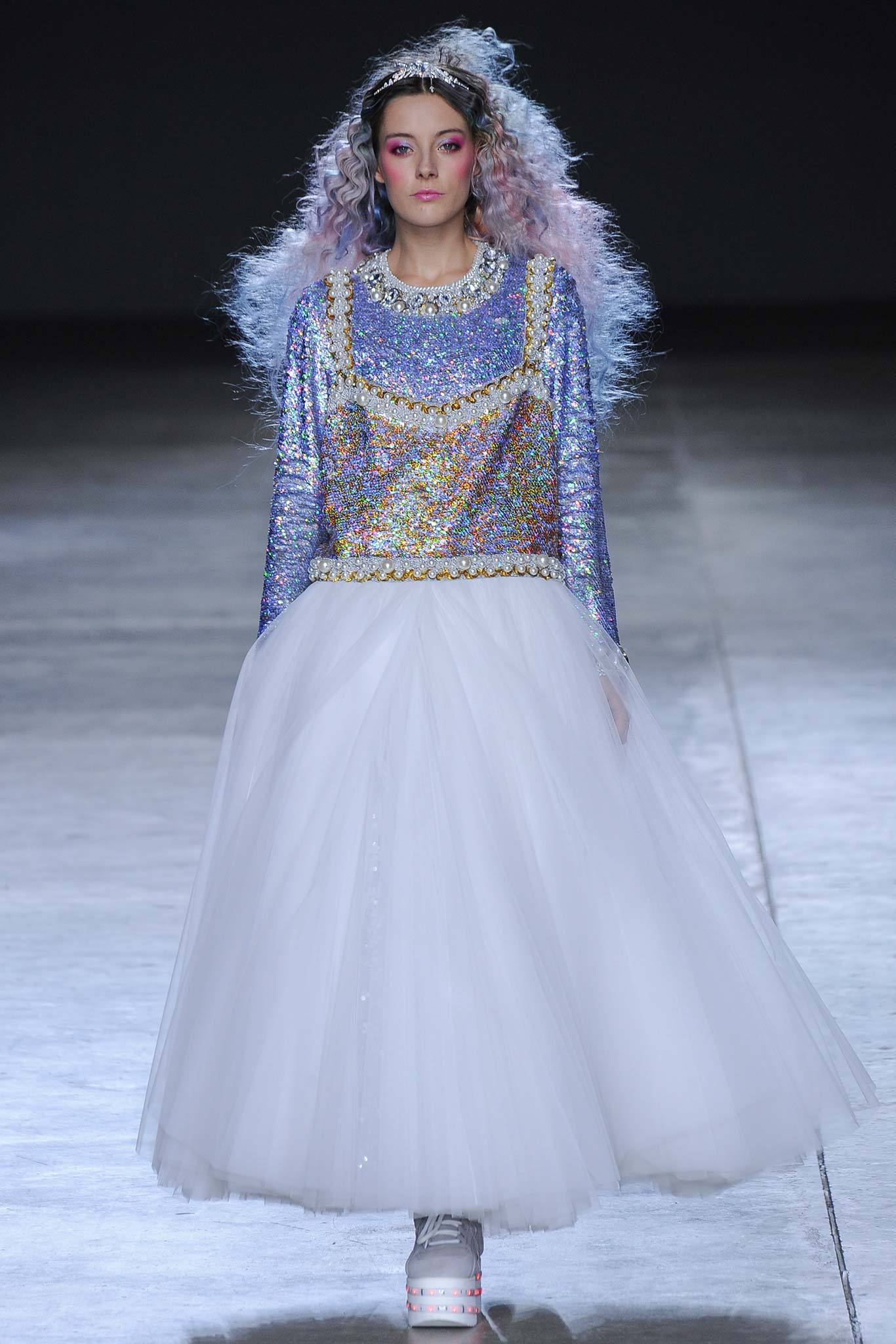blue sequined top with white tulle skirt