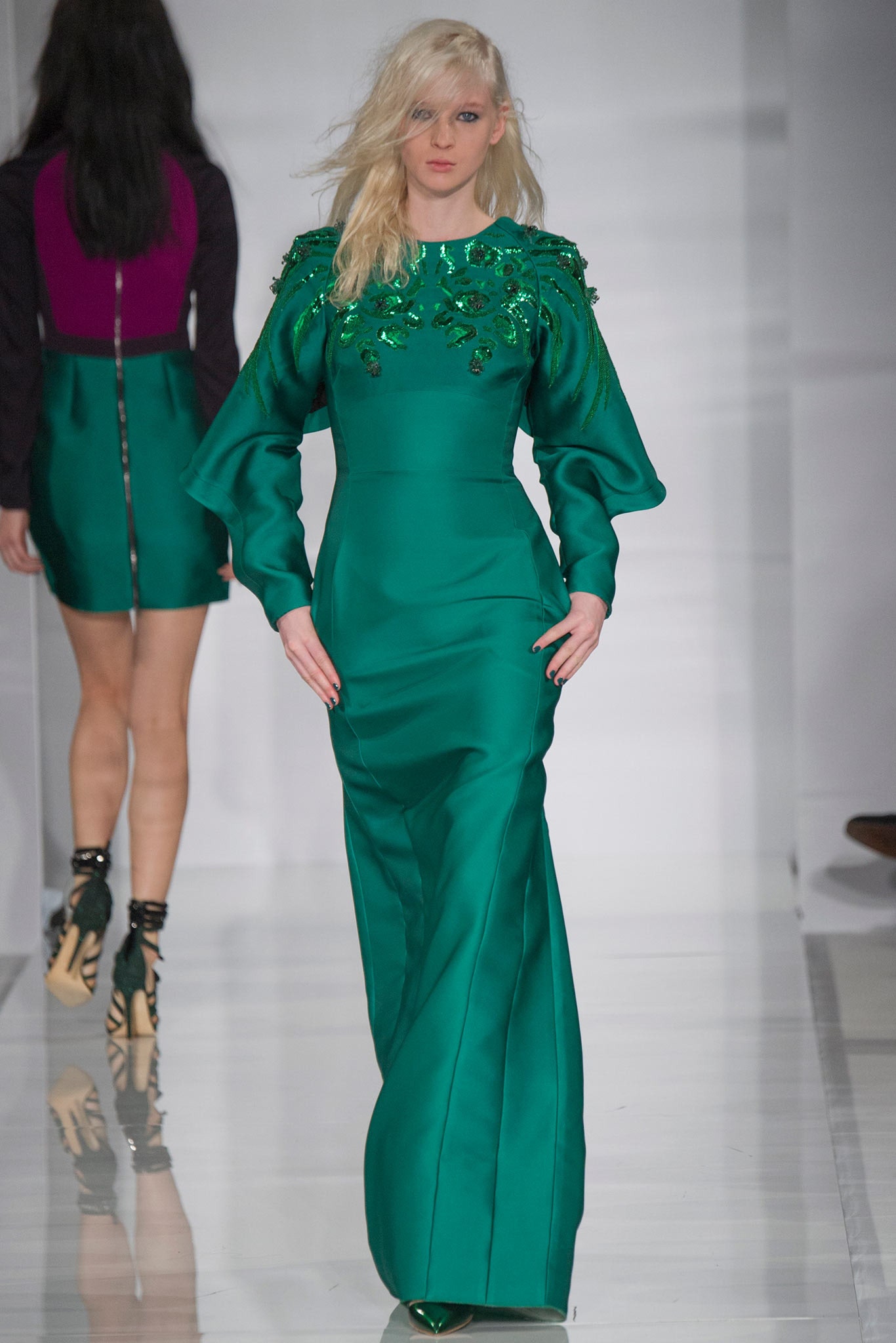 green silk embellished gown