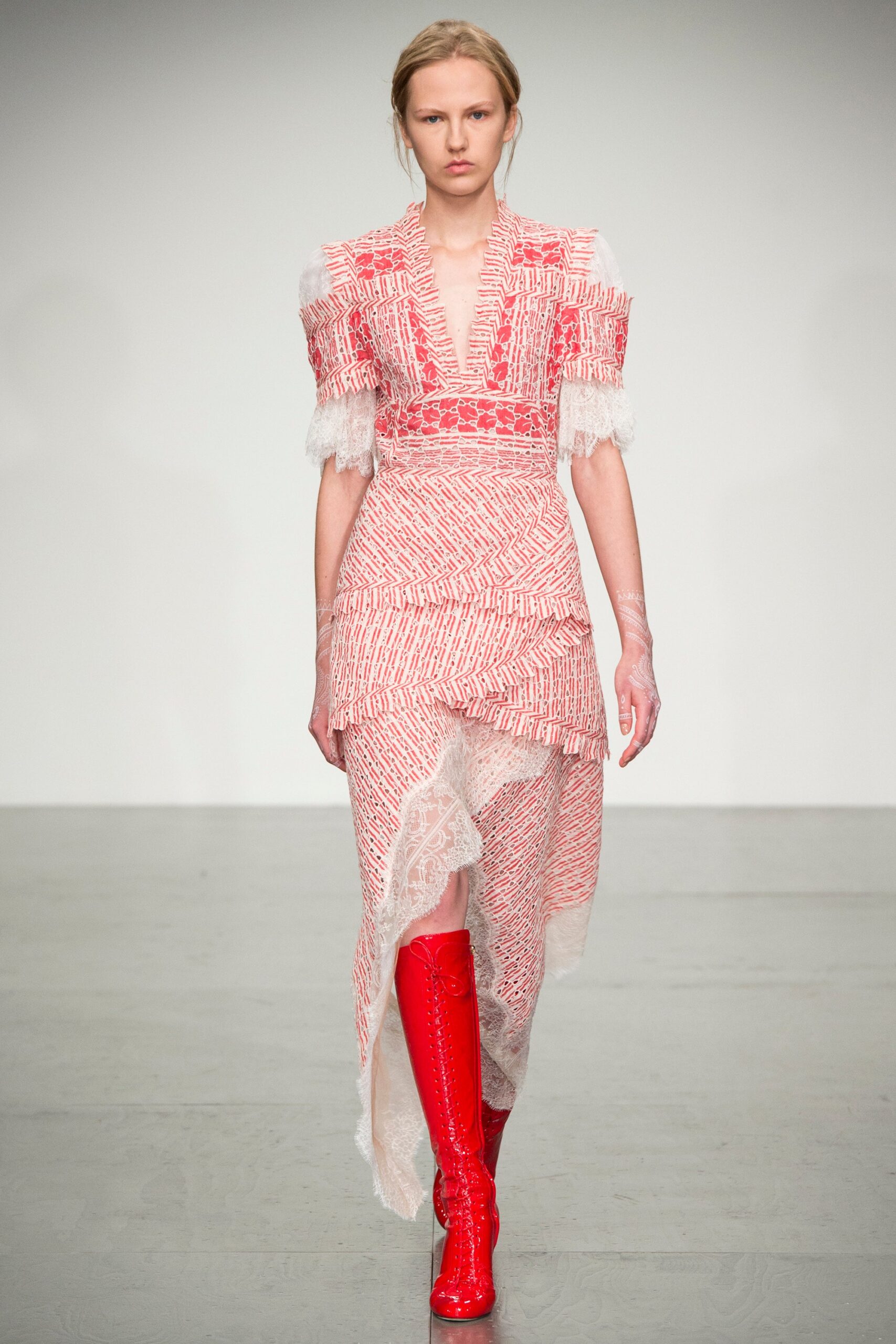 red and white pleated midi dress